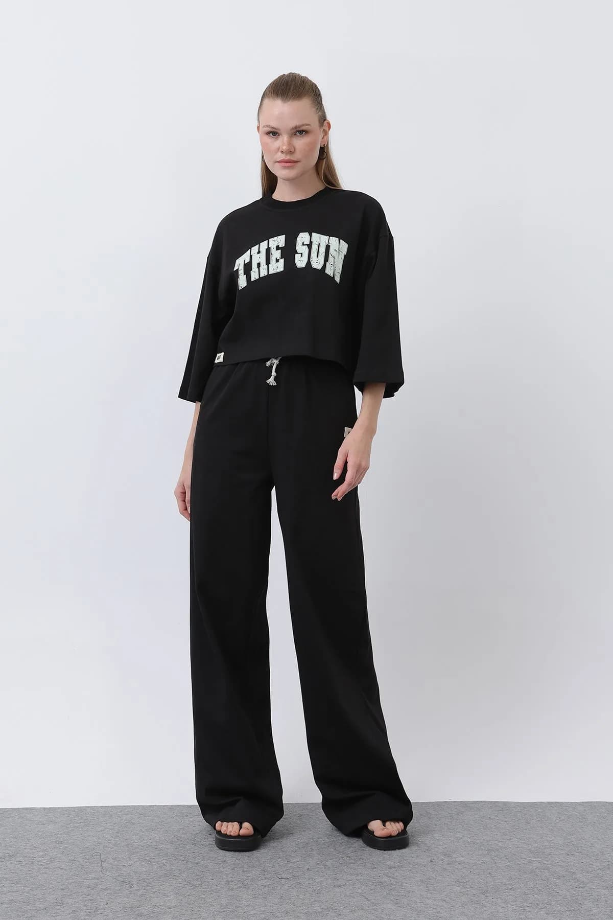 Kadın Önü Baskılı İkili Pantolonlu Takım - 32226TKS - BLACK