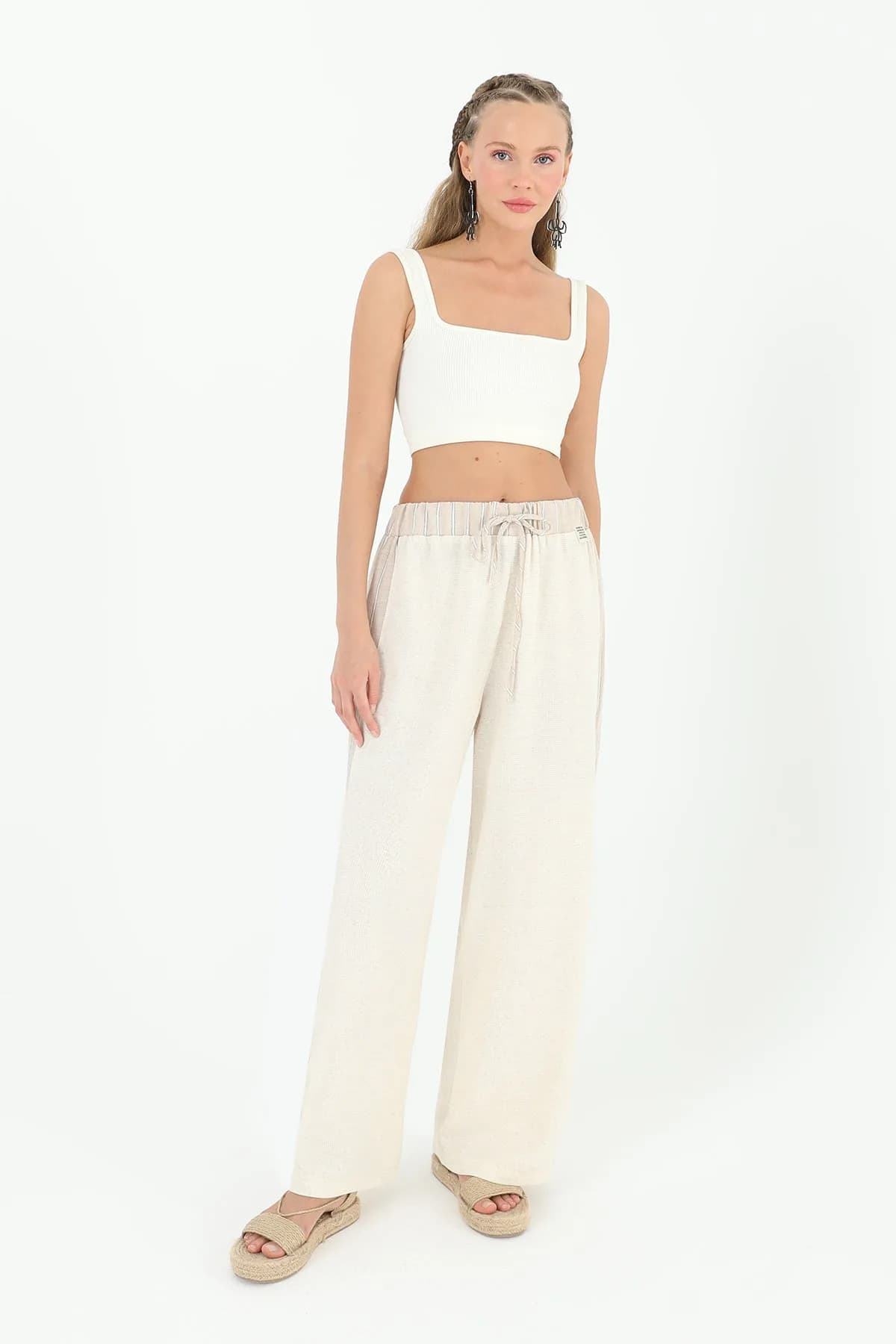 Kadın Belden Bağlamalı Yanları Şeritli Pantolon - 31884PNT - BEIGE