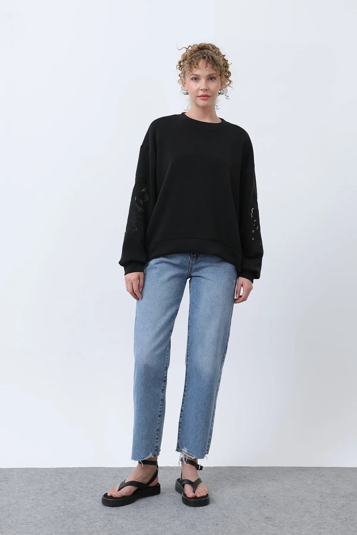 Kadın Kollar File Nakışlı Sweatshirt - BLACK