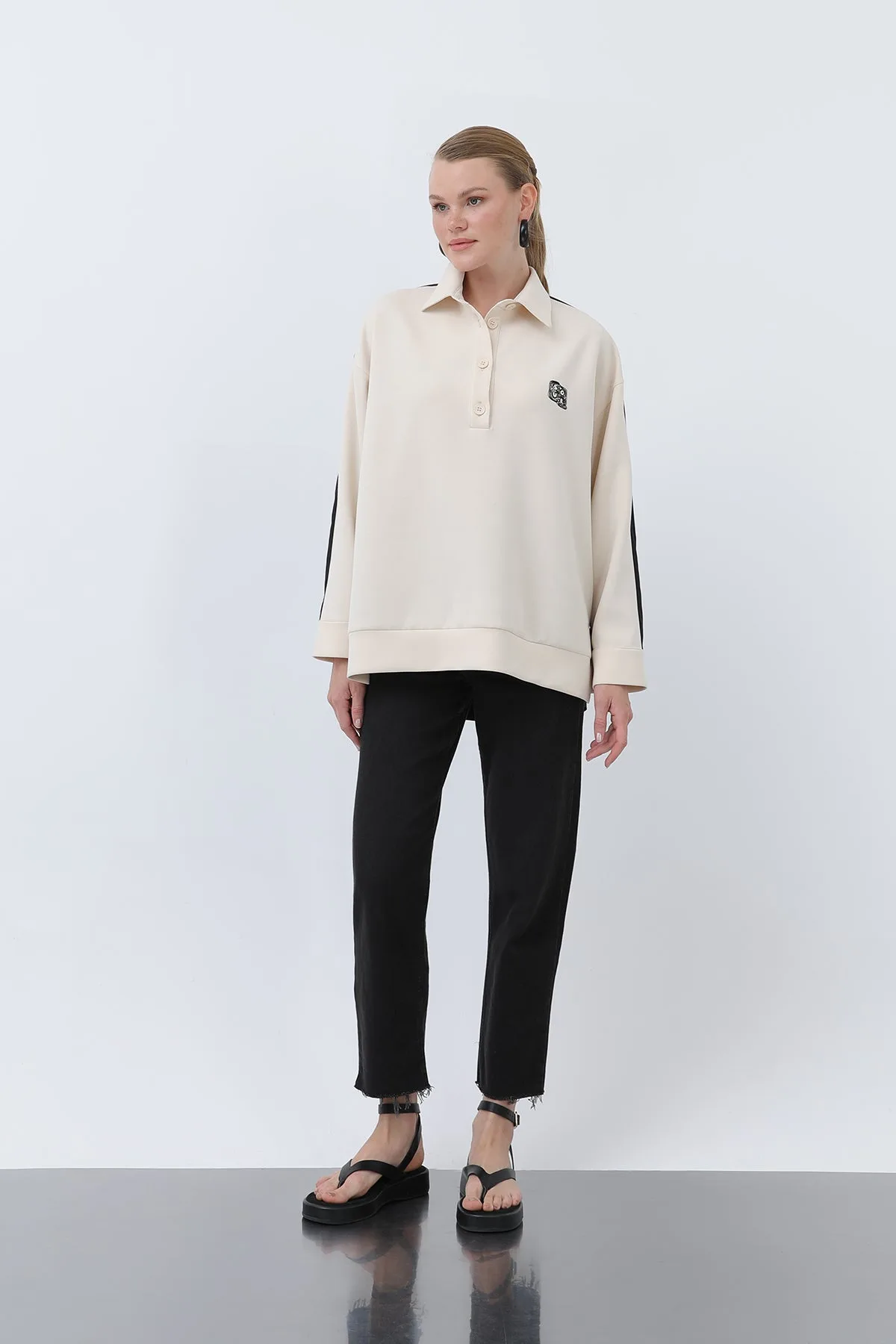Kadın Önü Nakış Arkası Paraşüt Gömlek -32120GML - BLACK-BEIGE