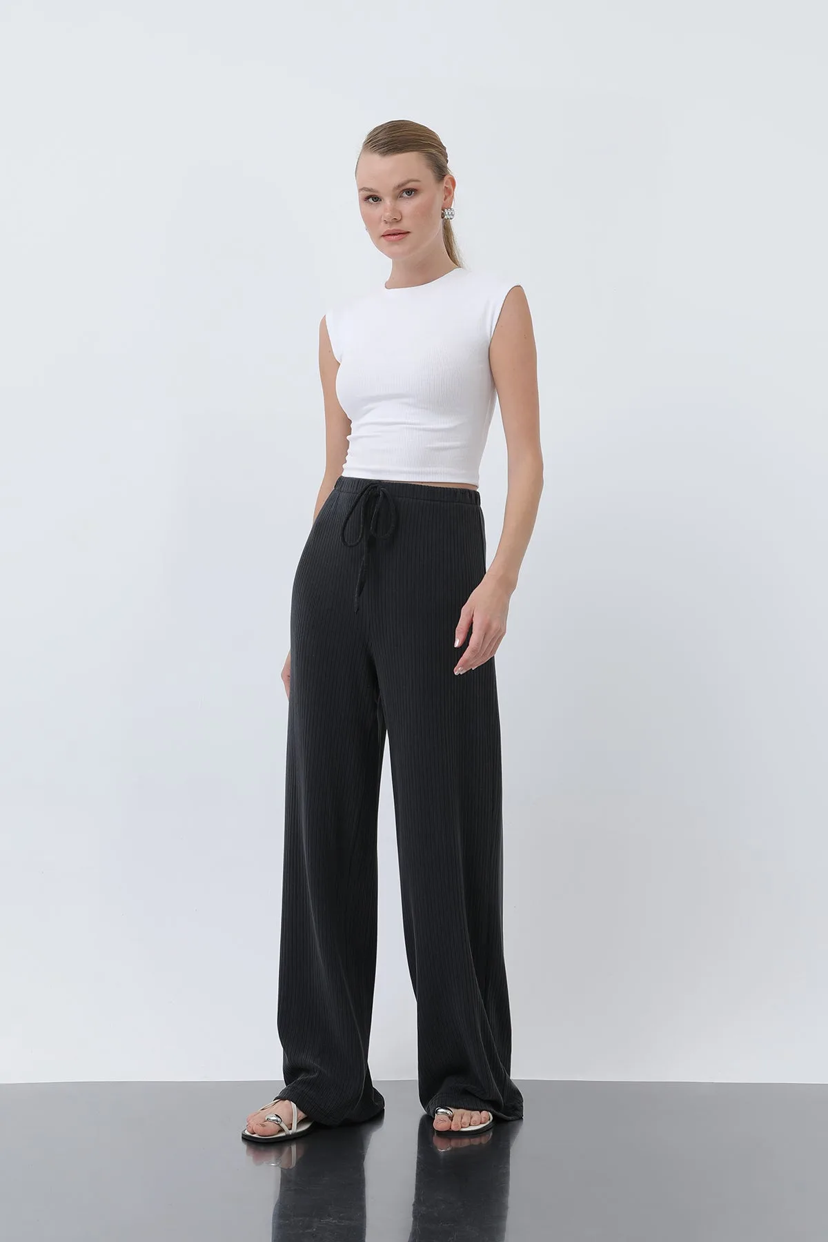 Kadın Fitilli Belden Bağlamalı Pantolon -32224PNT - BLACK