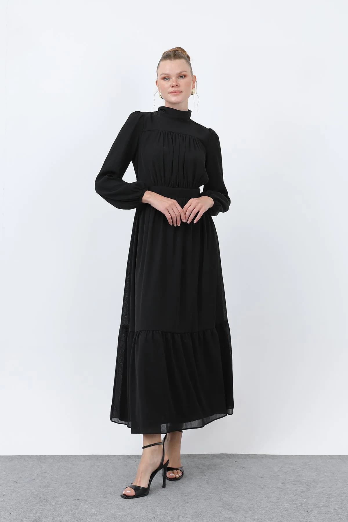 Kadın Drape Detaylı Yüksek Yaka Elbise - 12613ELB - BLACK