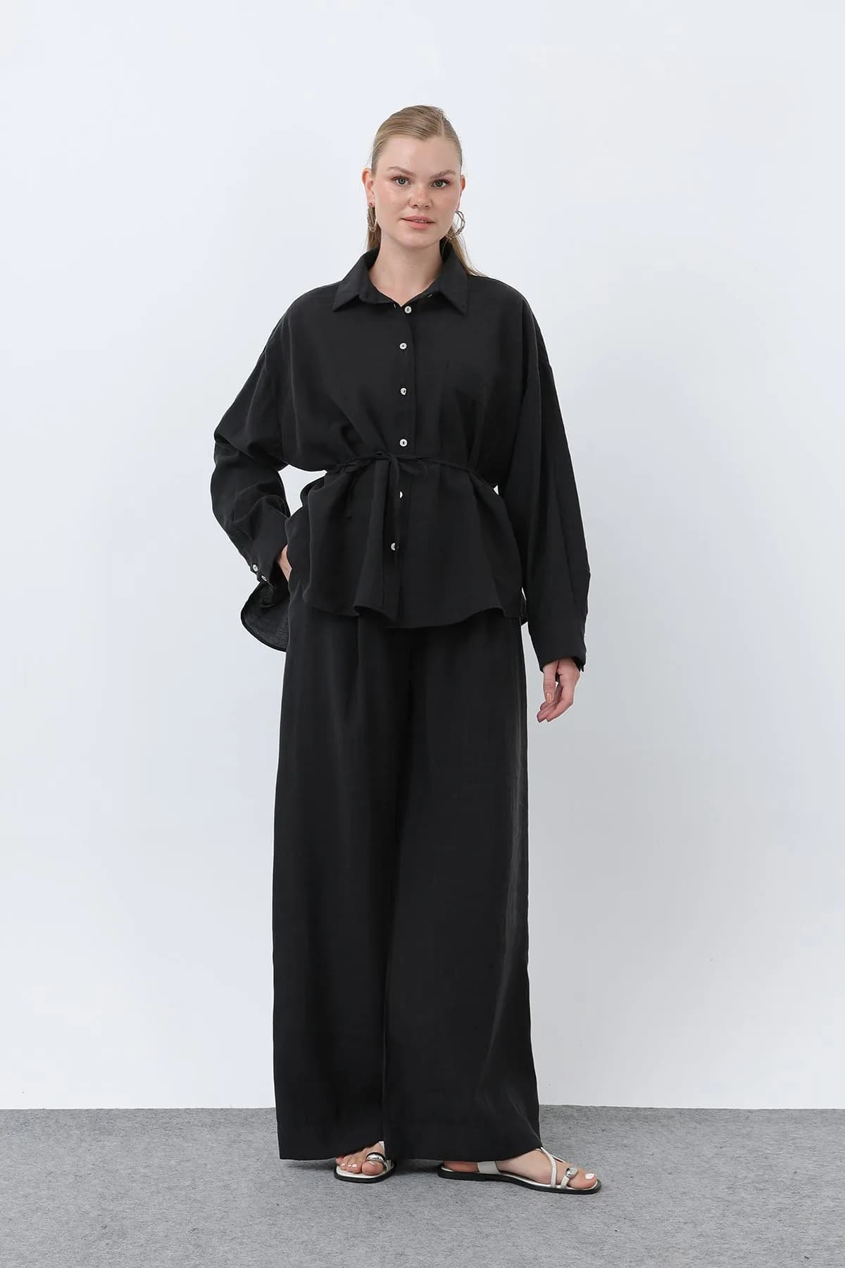 Kadın Arkası Biye Detaylı Pantolonlu Takım - 14335TKS - BLACK