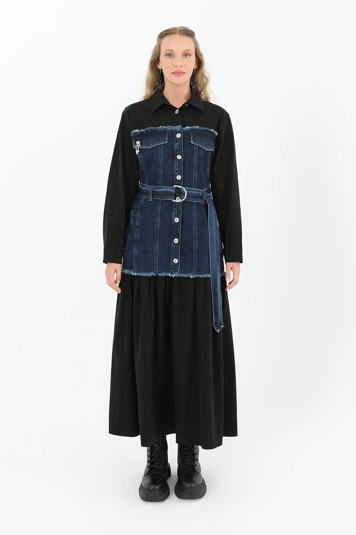 Denim Detaylı Kemerli Uzun Elbise - 32008ELB - BLACK-BLUE
