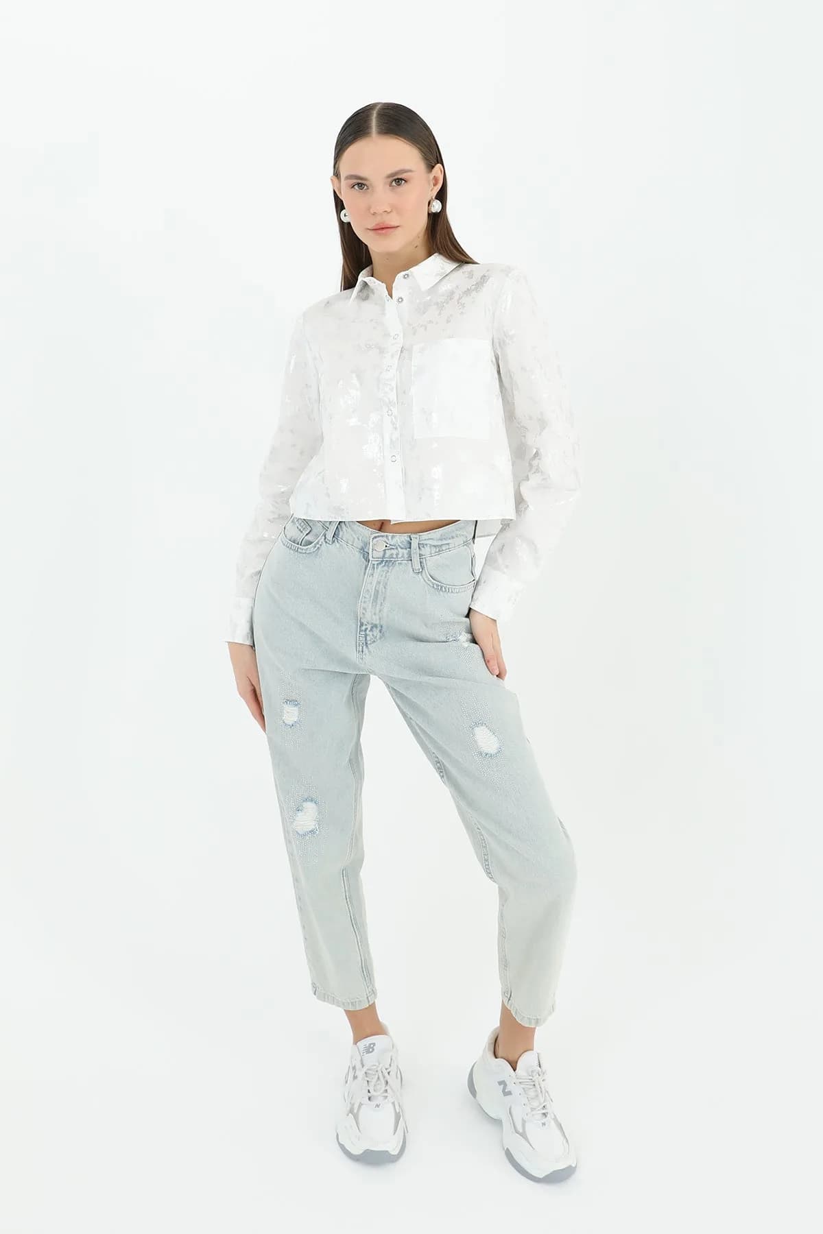 Kadın Crop Uzun Kollu Varak Desenli Gömlek -24S-31769GML - ECRU