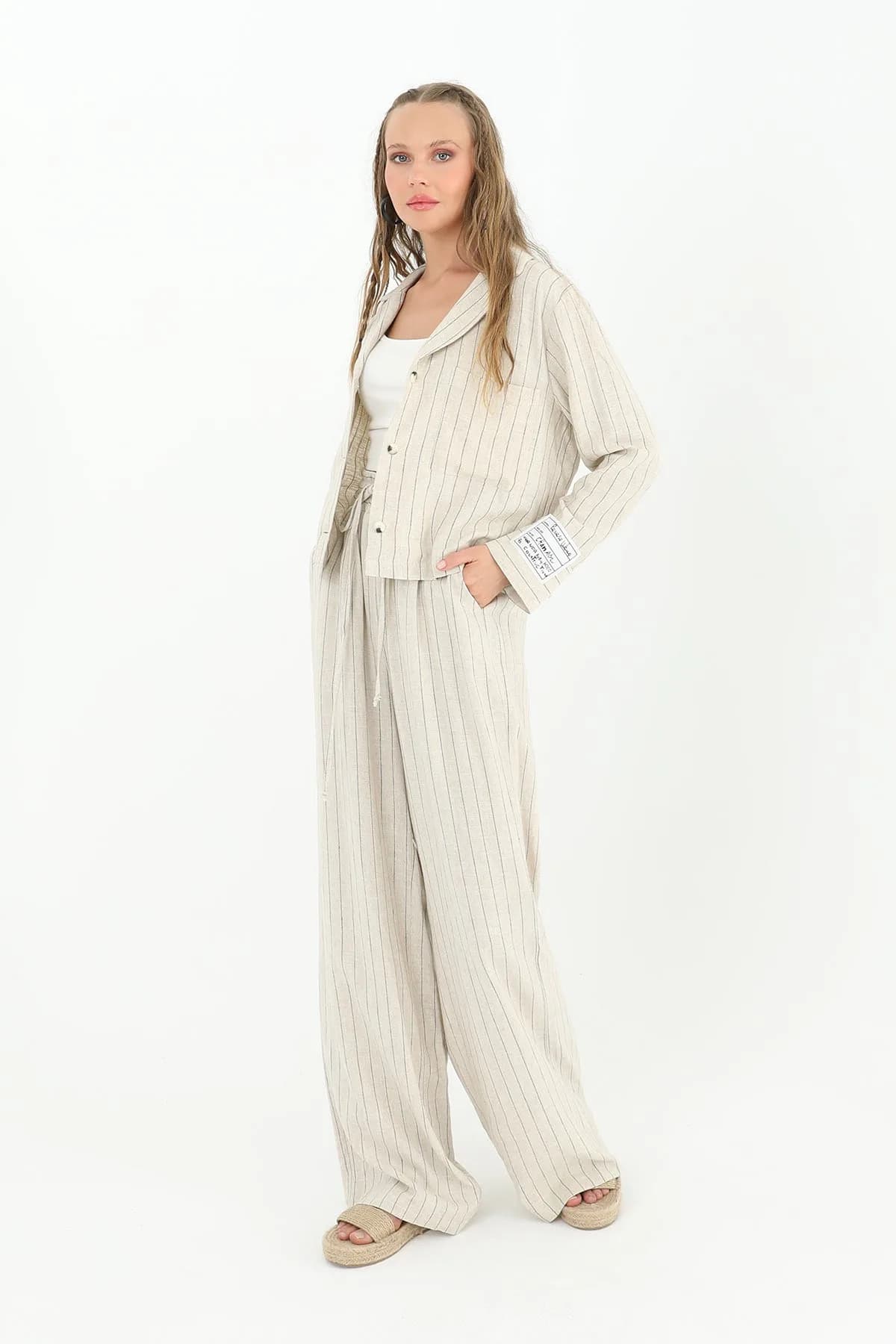 Kadın Çizgili Kısa Cepli Gömlek -24S-31817GML - BEIGE