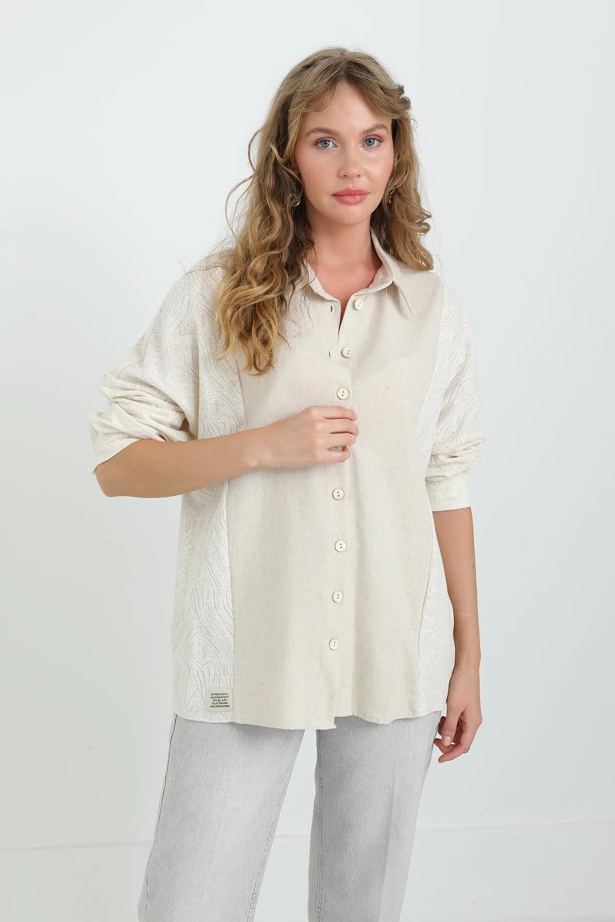 Kadın Keten Uzun Kollu Gömlek -24S-31885GML - DARK BEIGE