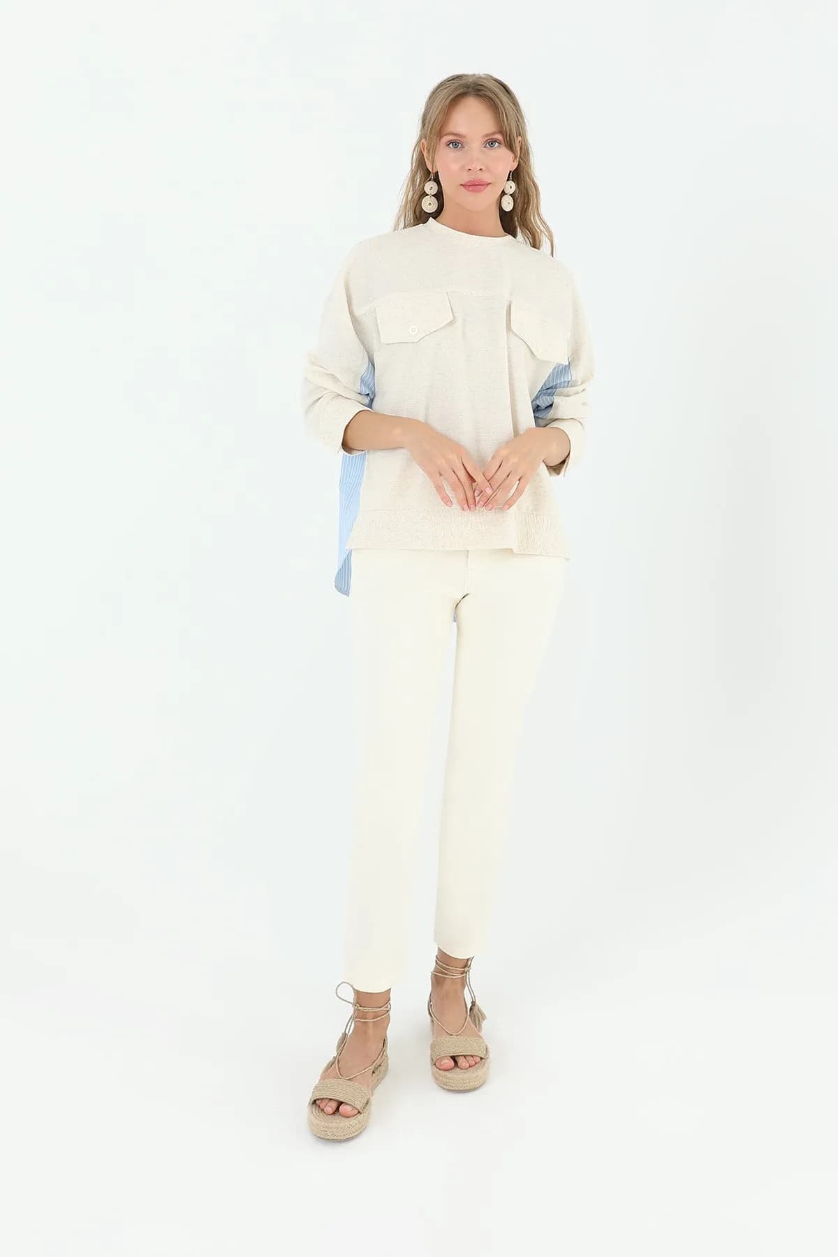 Kadın Önden Cepli Arkası Poplin Çizgili Kumaş -24S-31888BLZ - BEIGE-BLUE