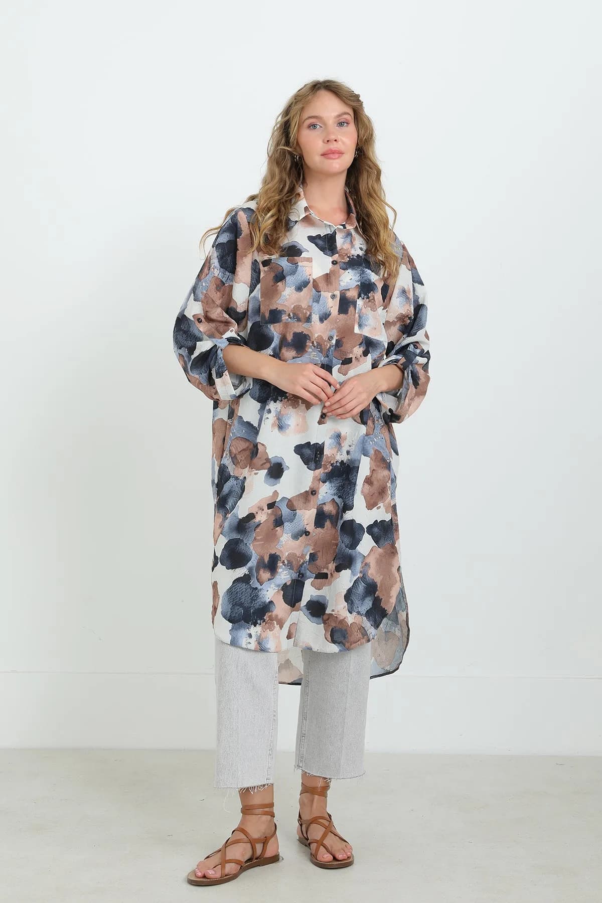 Kadın Desenli Oversize Gömlek -10702TUN - NAVY