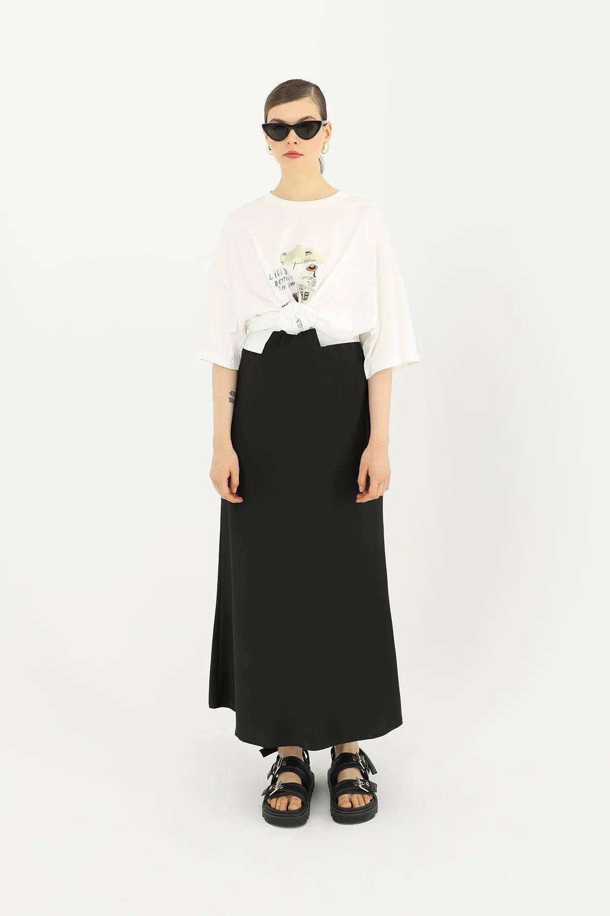 Kadın Saten Uzun Etek - 24S-31614ETK - BLACK