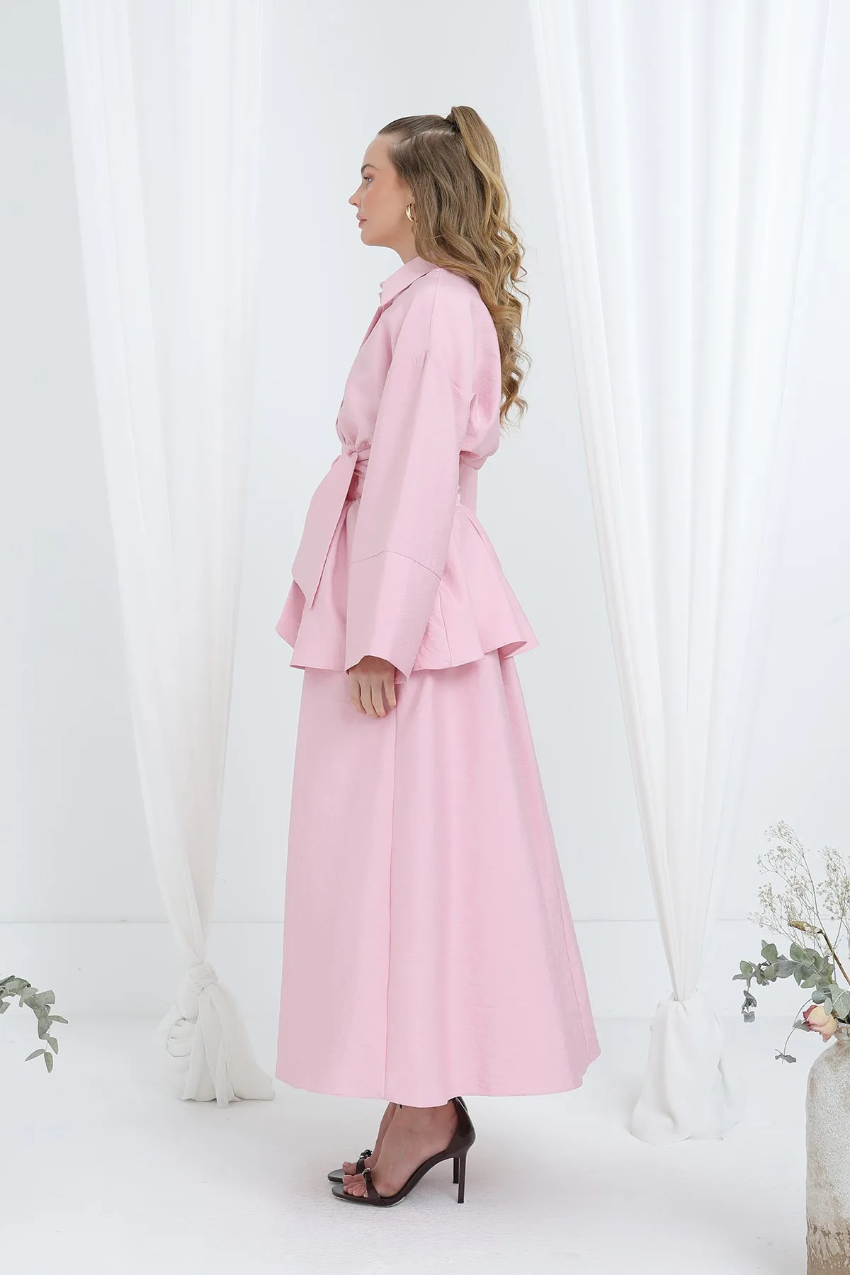 Kadın Luna Kuşaklı Minimal Etekli Takım -20682TKS - PINK