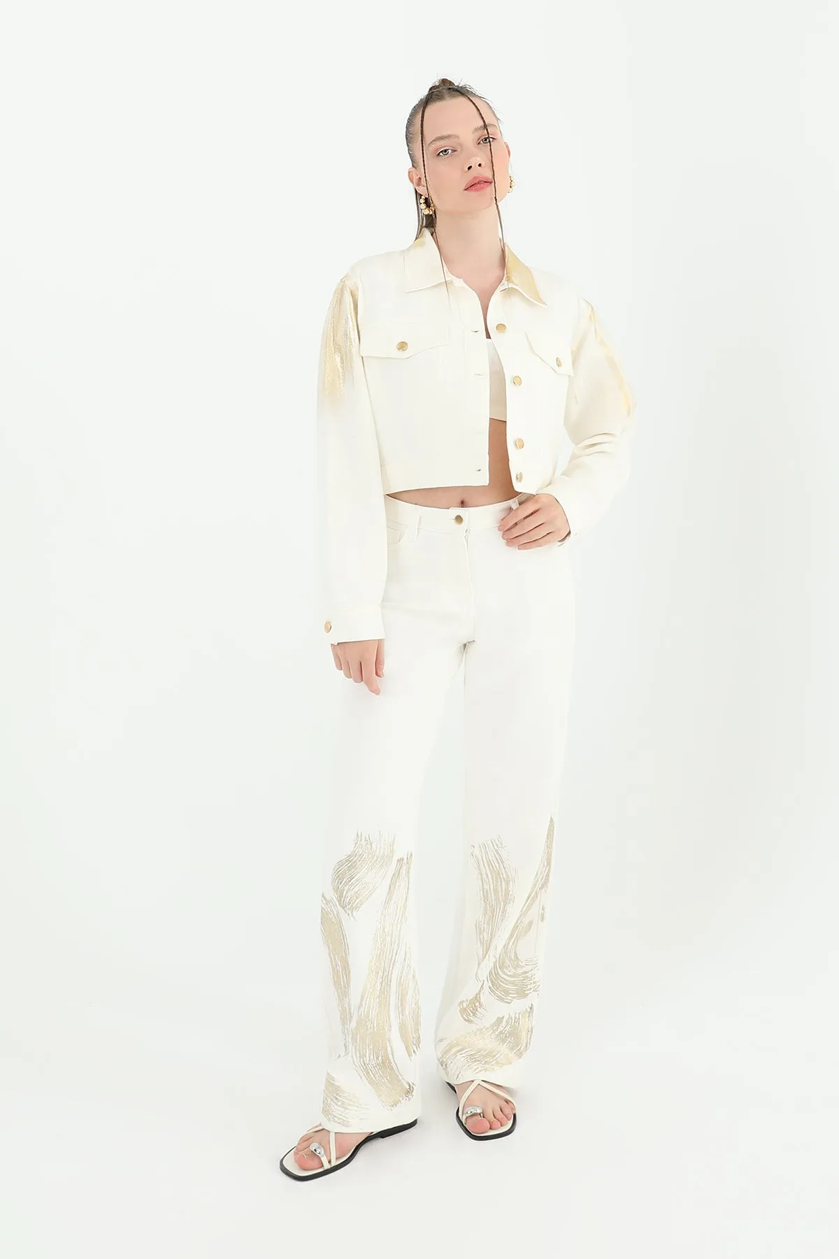 Kadın Varaklı Pantolon -24S-31798PNT - ECRU