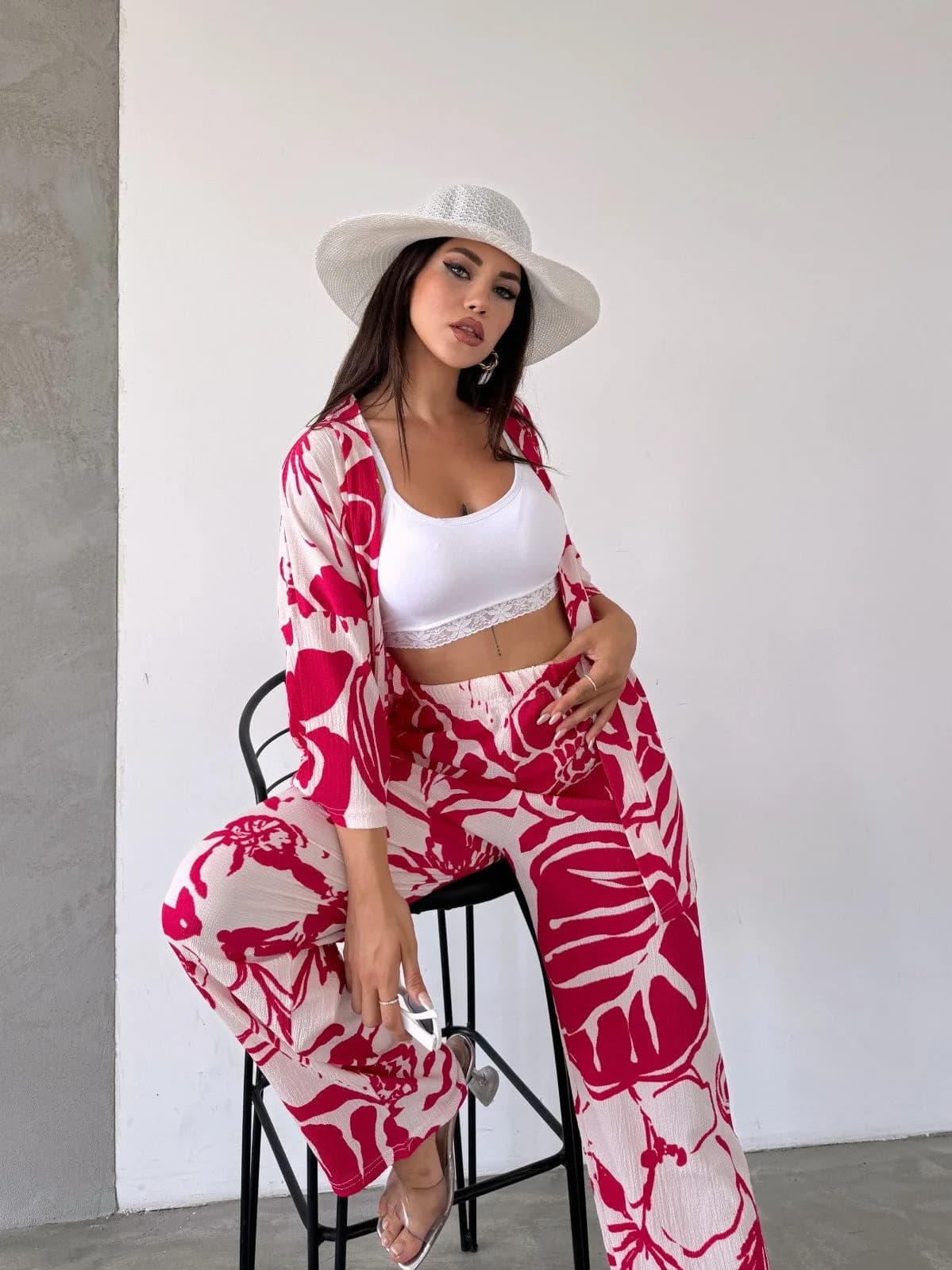 Desenli Kimono Ve Pantolon İkili Takım - FUŞYA DESENLİ
