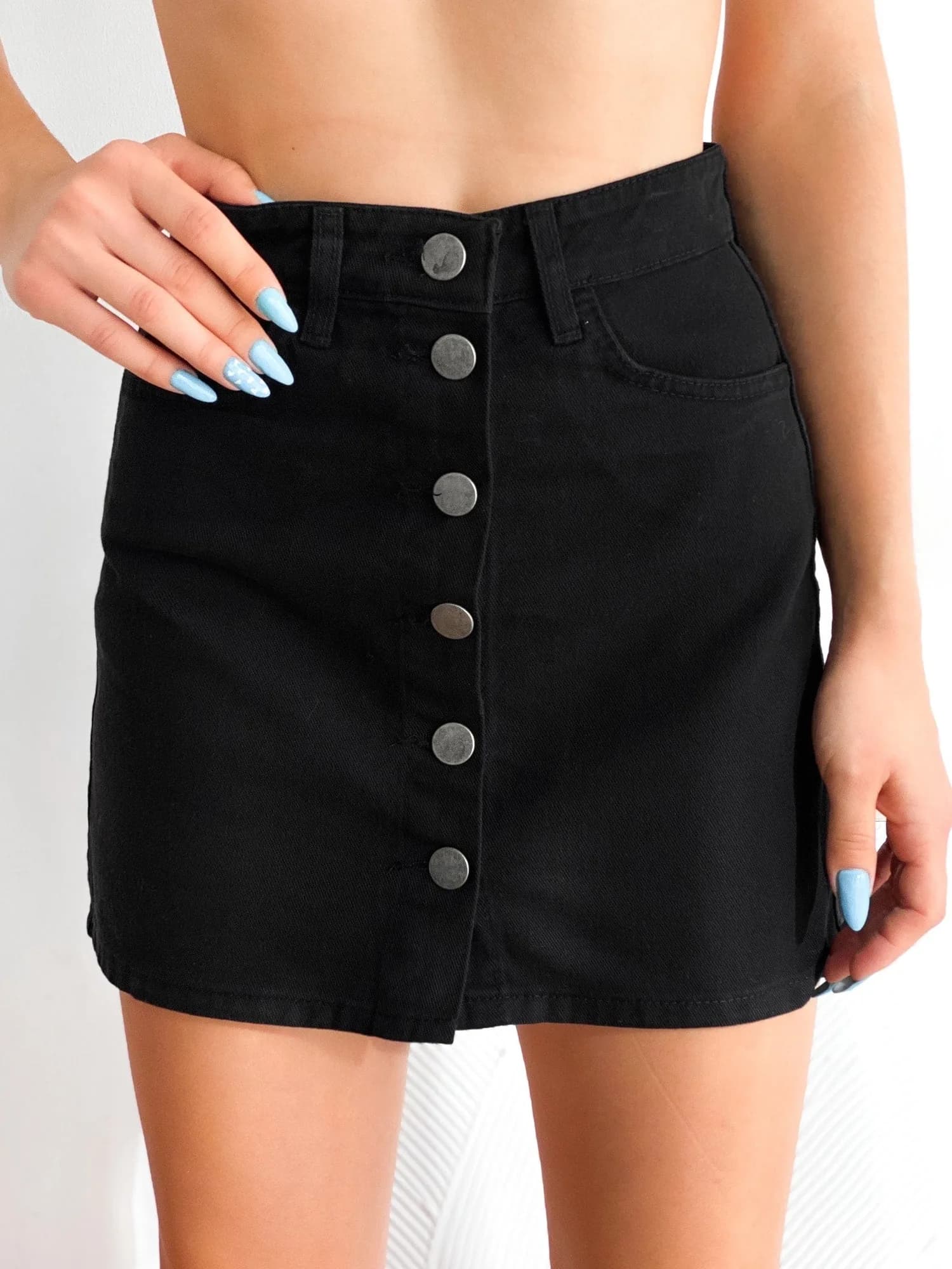 Düğmeli Denim Etek - SİYAH