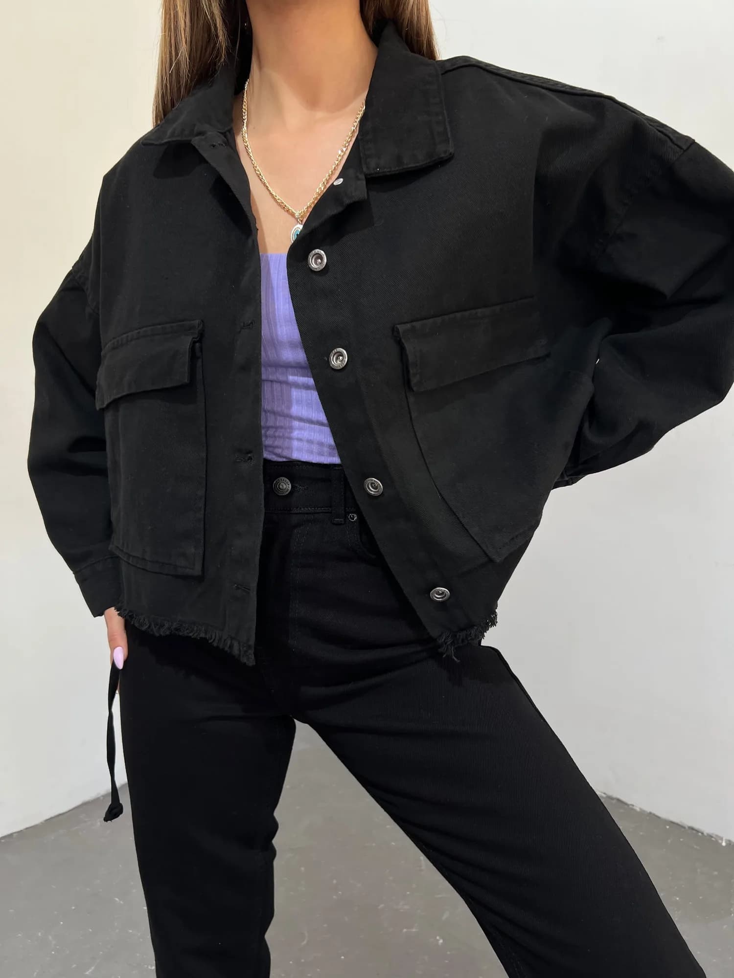 Geniş Cepli Oversize Püsküllü Denim Ceket - SİYAH