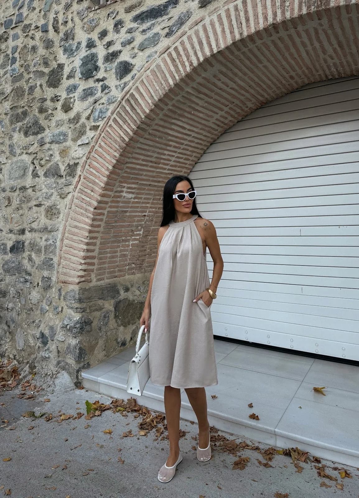Halter Yaka Dokuma Midi Elbise - BEJ