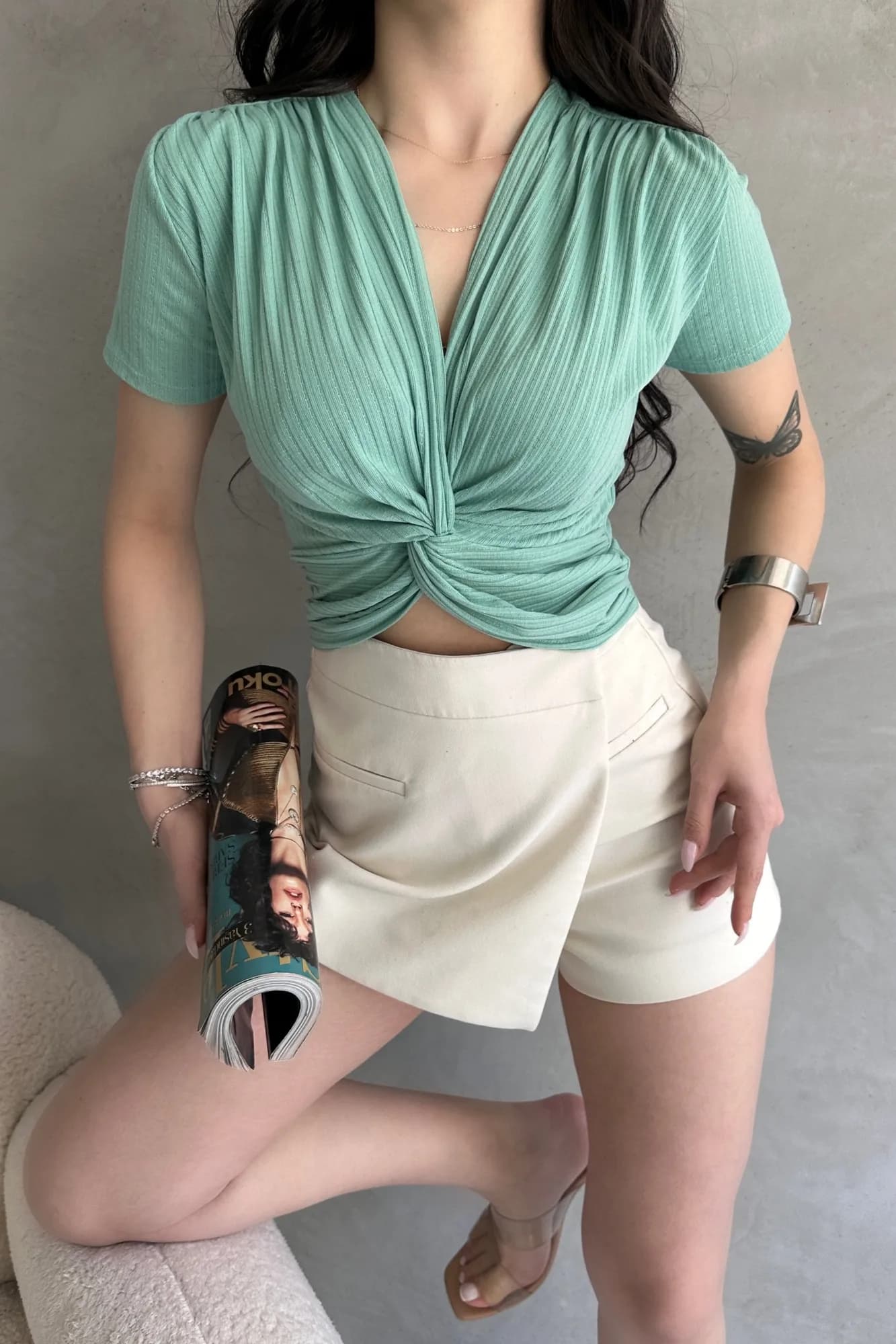 Kruvaze Yaka Crop Bluz - MİNT