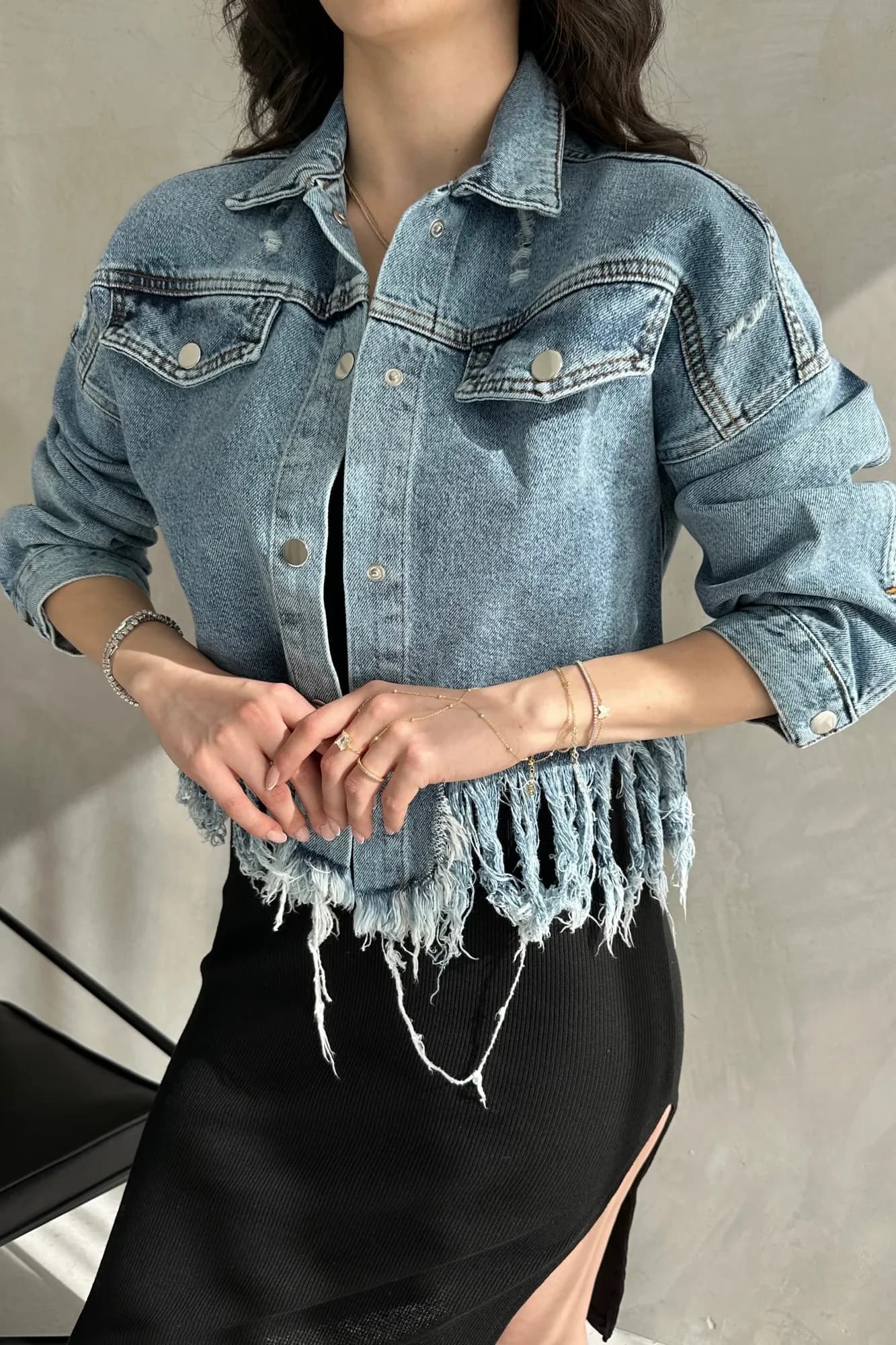 Püskül Detaylı Denim Crop Ceket - MAVİ