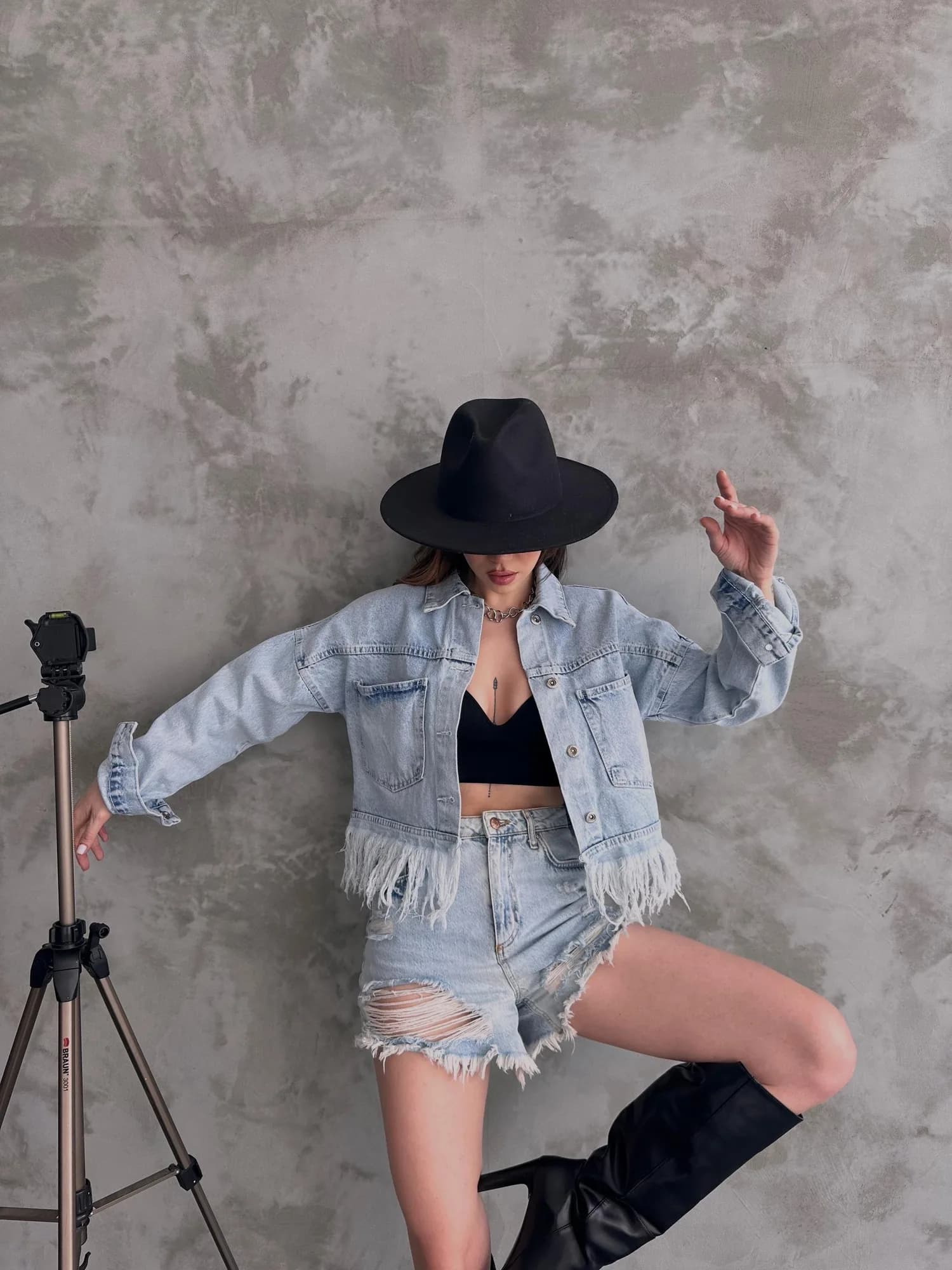 Saçak Detaylı Denim Ceket - BUZ MAVİ