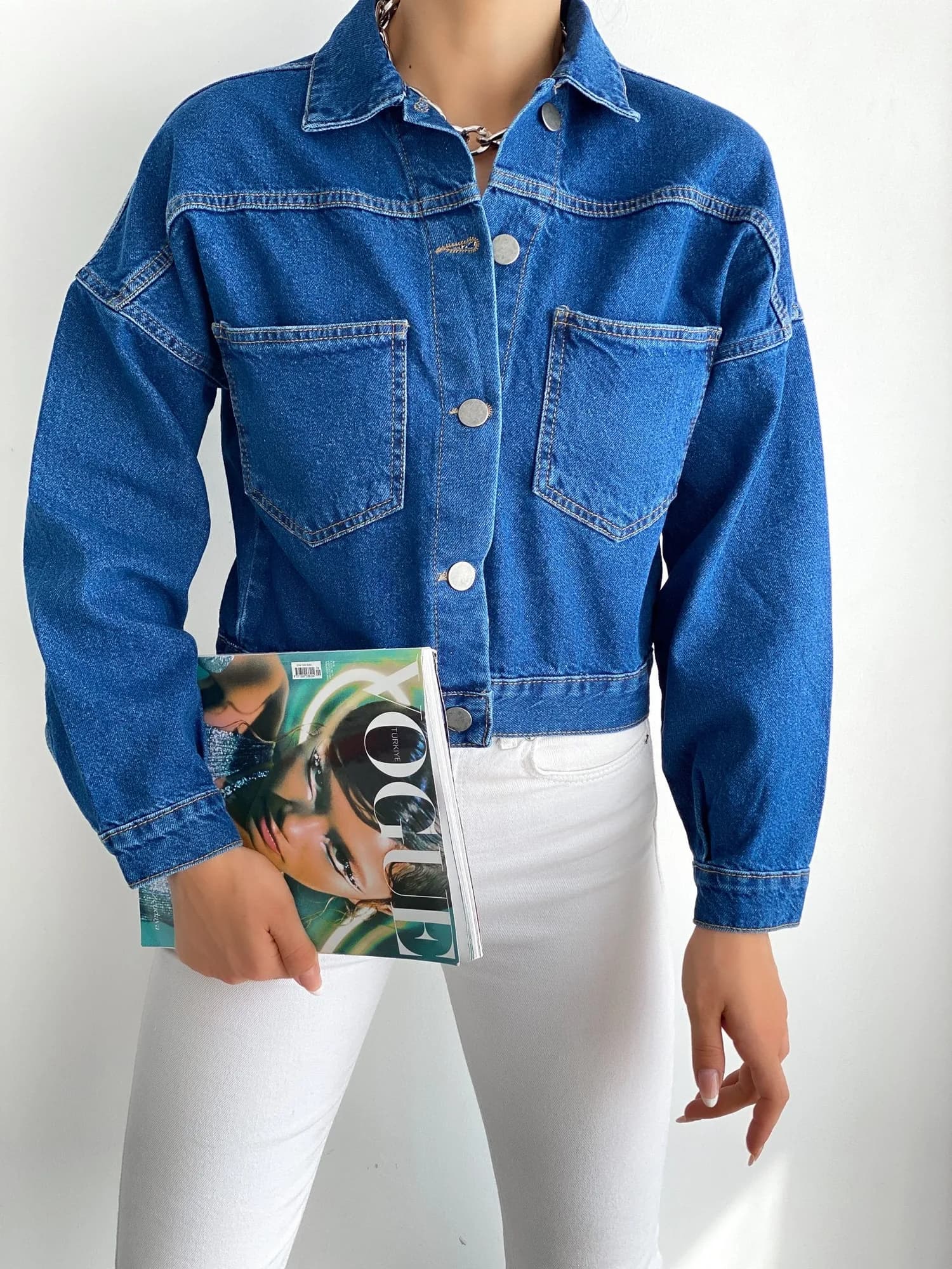 Çift Cepli Denim Crop Ceket - MAVİ