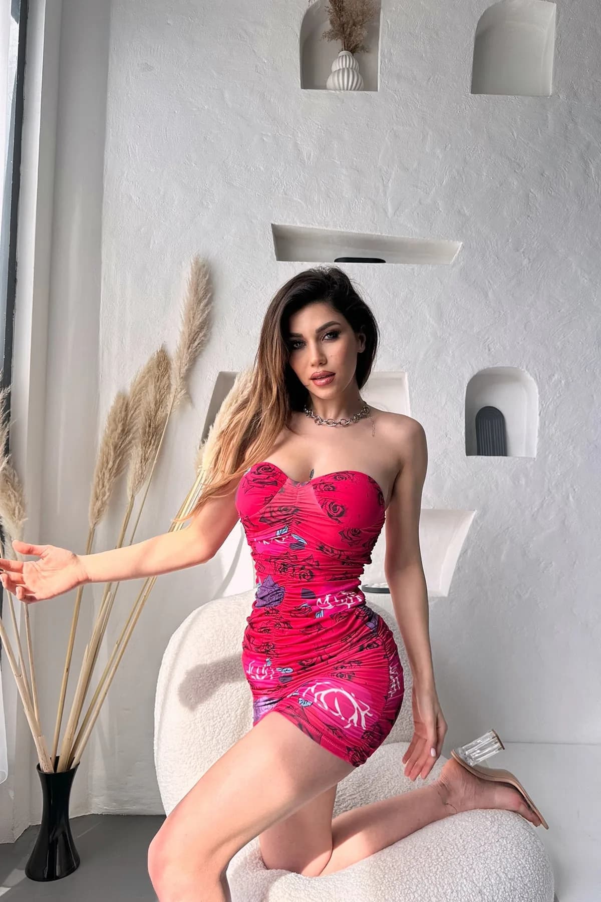 Çiçek Desenli Drapeli Mini Dilber Elbise - KIRMIZI
