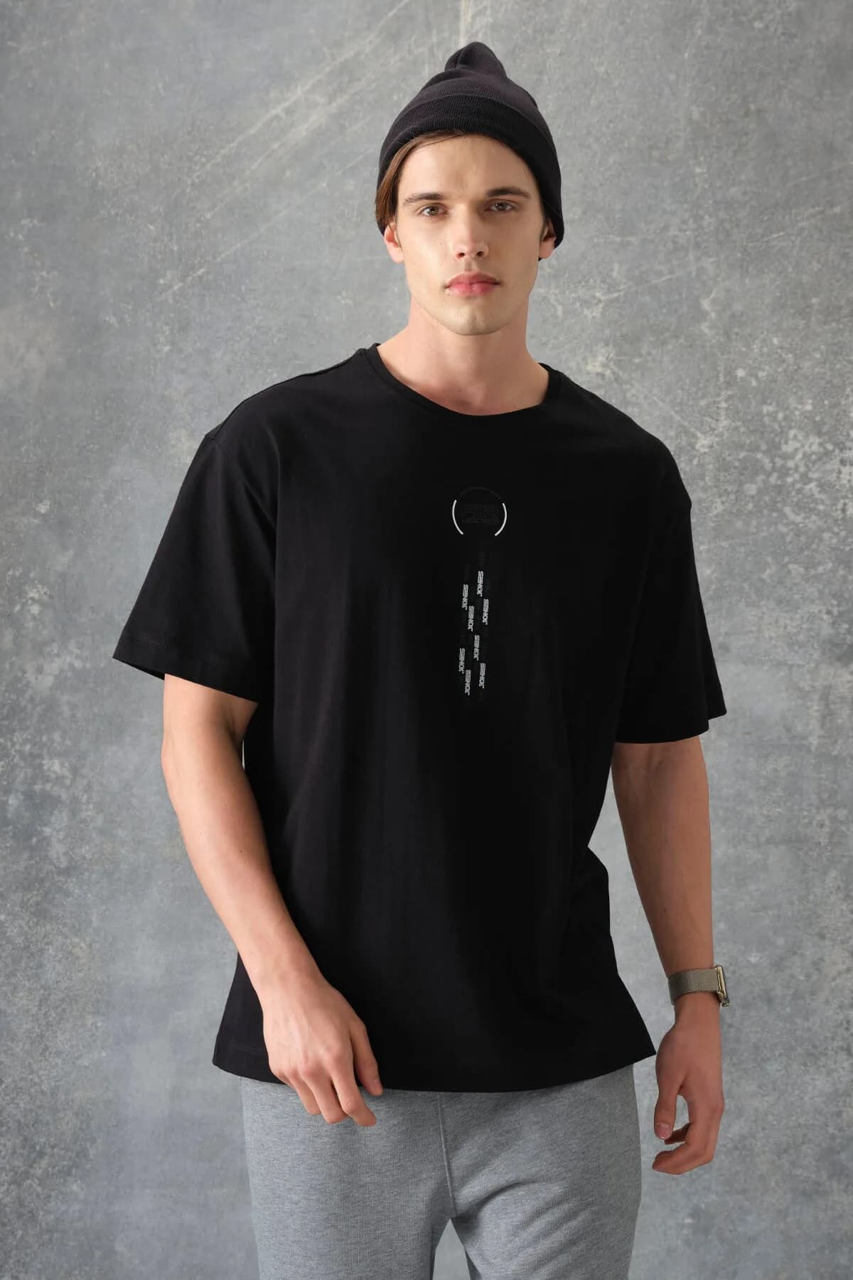Siyah %100 Pamuk Kalın Yumuşak Dokulu Oversize Fit Baskılı Erkek T-Shirt - 88355 - Siyah