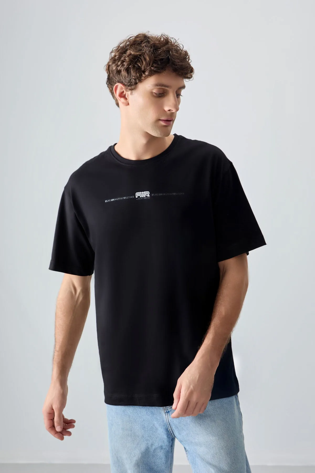 Siyah %100 Pamuk Kalın Yumuşak Dokulu Oversize Fit Baskılı Erkek T-Shirt - 88357 - Siyah