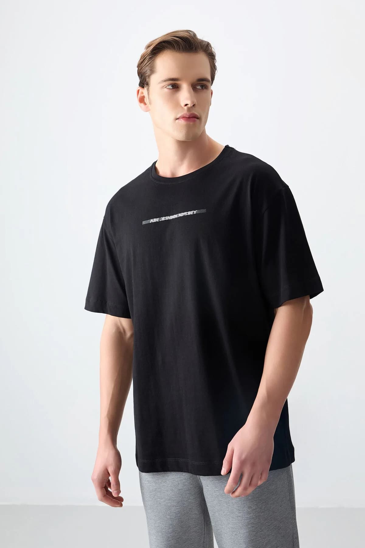 Siyah %100 Pamuk Kalın Yumuşak Dokulu Oversize Fit Baskılı Erkek T-Shirt - 88358 - Siyah