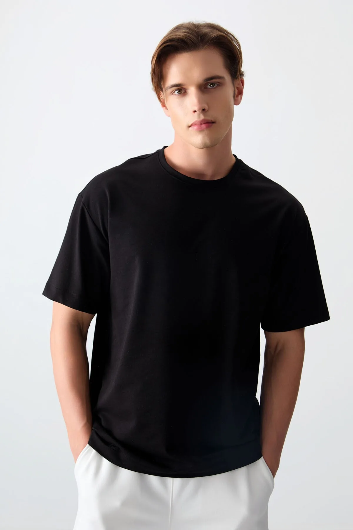 Siyah Pamuklu Kalın Yumuşak Dokulu Oversize Fit Basic Erkek T-Shirt - 88377 - Siyah