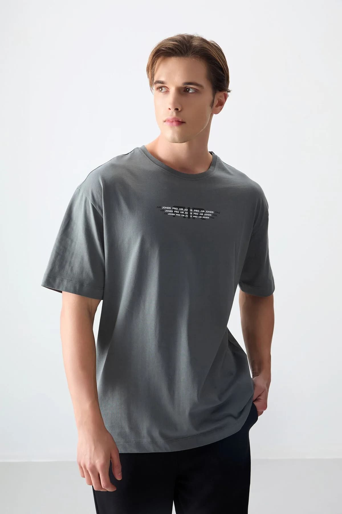 Haki %100 Pamuk Kalın Yumuşak Dokulu Oversize Fit Baskılı Erkek T-Shirt - 88356 - Haki