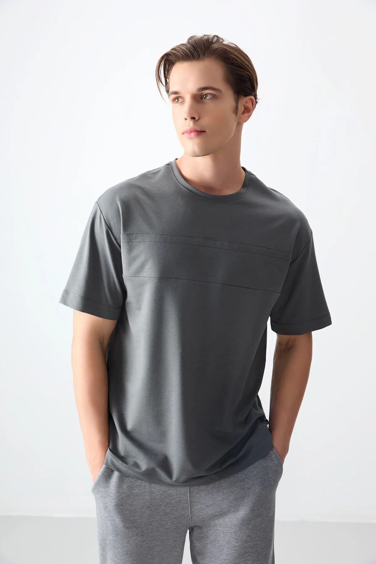 Haki Pamuklu Kalın Yumuşak Dokulu Oversize Fit Basic Erkek T-Shirt - 88378 - Haki