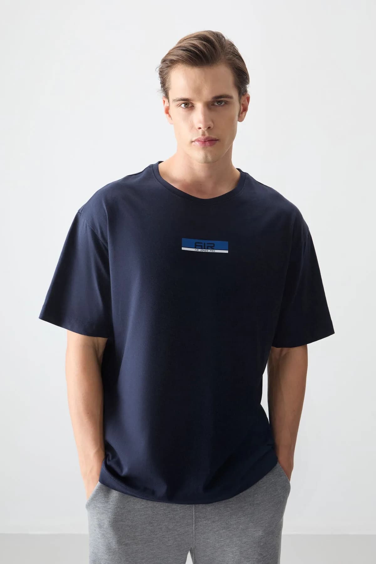 Lacivert %100 Pamuk Kalın Yumuşak Dokulu Oversize Fit Baskılı Erkek T-Shirt - 88359 - Lacivert