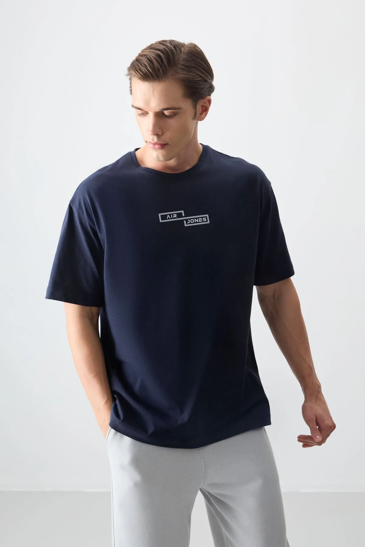 Lacivert %100 Pamuk Kalın Yumuşak Dokulu Oversize Fit Baskılı Erkek T-Shirt - 88361 - Lacivert