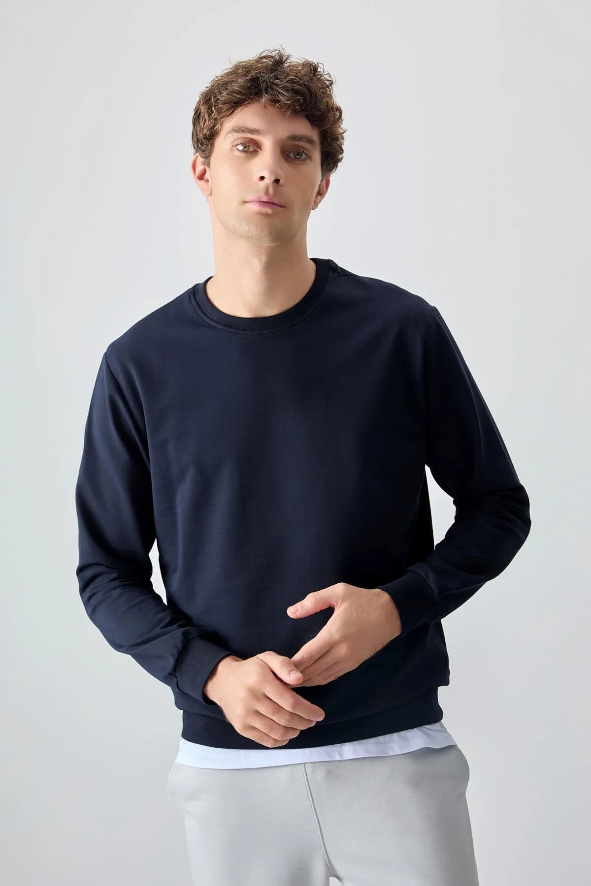 Lacivert Pamuk Yumuşak Dokulu Standart Fit Basic Erkek Sweatshirt - 88363 - Lacivert