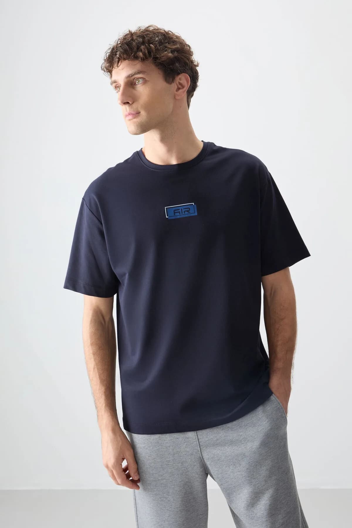 Lacivert Pamuklu Kalın Yumuşak Dokulu Oversize Fit Baskılı Erkek T-Shirt - 88376 - Lacivert