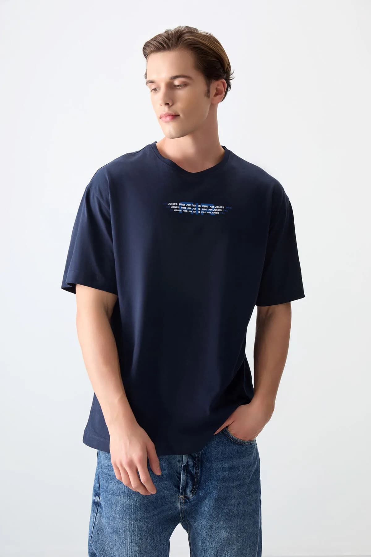 Lacivert %100 Pamuk Kalın Yumuşak Dokulu Oversize Fit Baskılı Erkek T-Shirt - 88356 - Lacivert