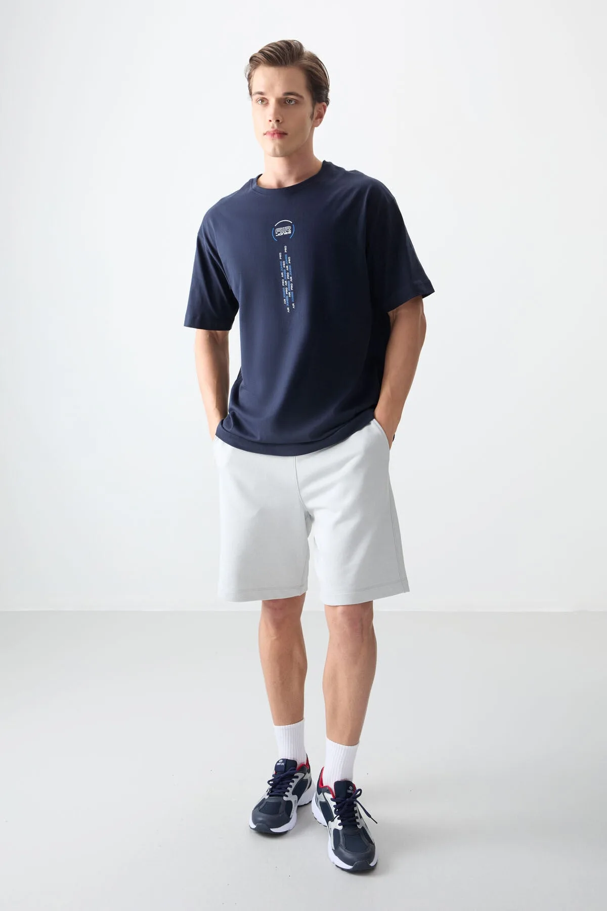 Lacivert %100 Pamuk Kalın Yumuşak Dokulu Oversize Fit Baskılı Erkek T-Shirt - 88355 - Lacivert