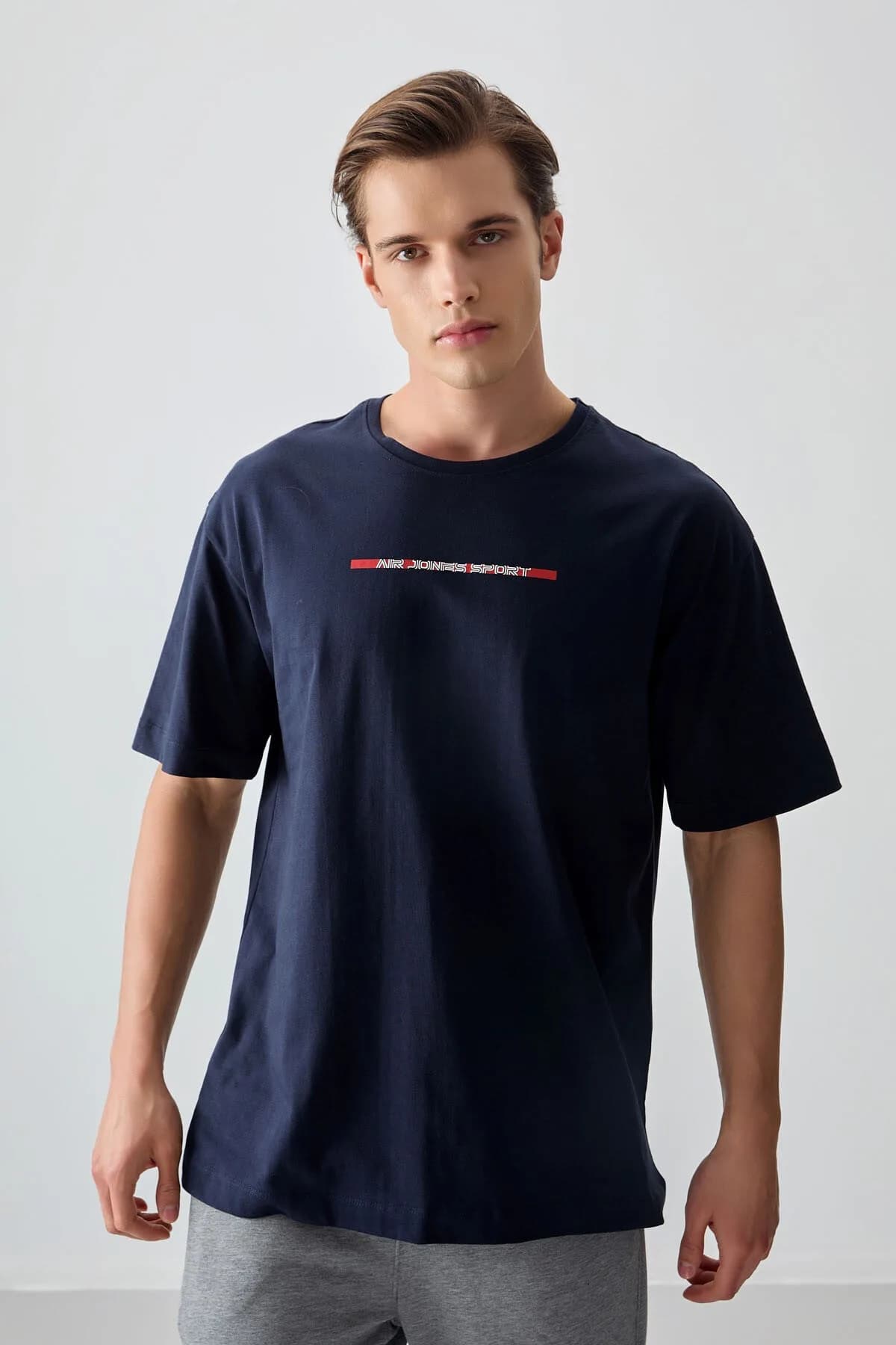 Lacivert %100 Pamuk Kalın Yumuşak Dokulu Oversize Fit Baskılı Erkek T-Shirt - 88358 - Lacivert