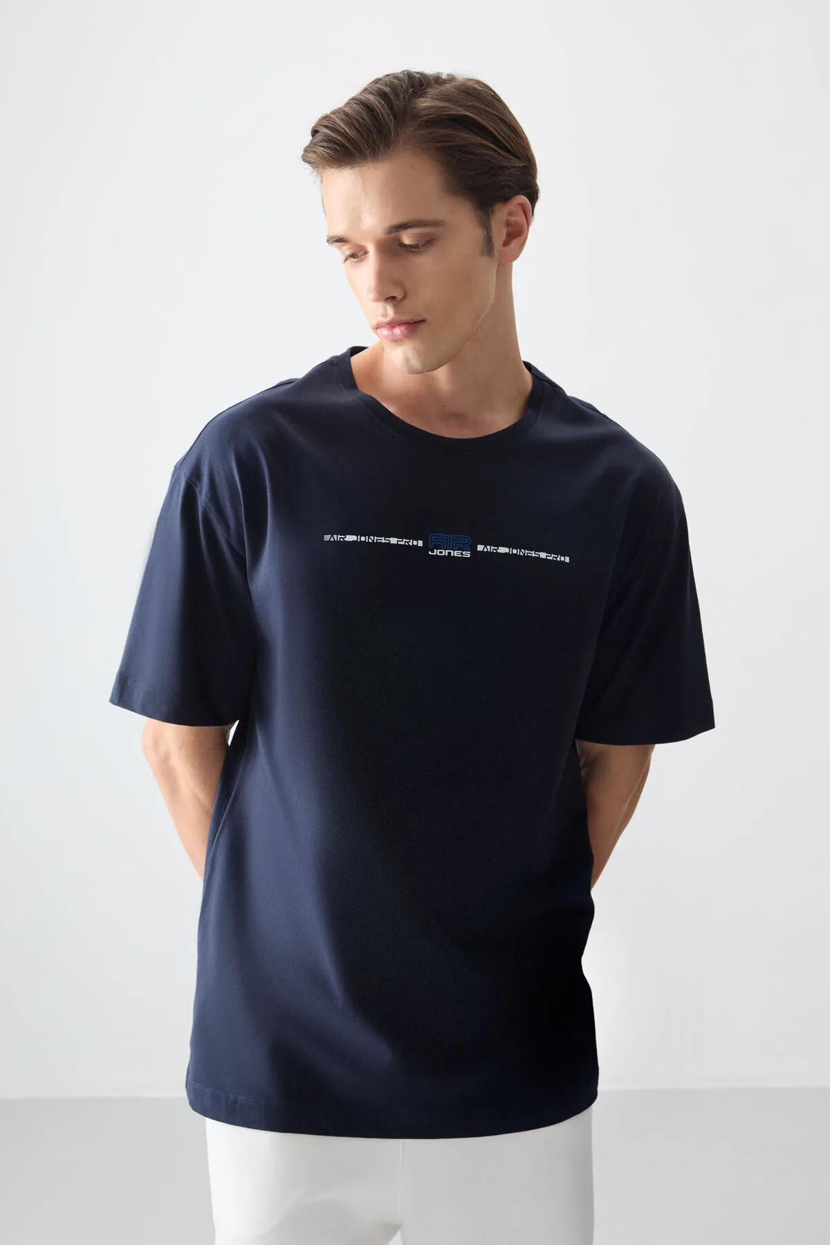 Lacivert %100 Pamuk Kalın Yumuşak Dokulu Oversize Fit Baskılı Erkek T-Shirt - 88357 - Lacivert