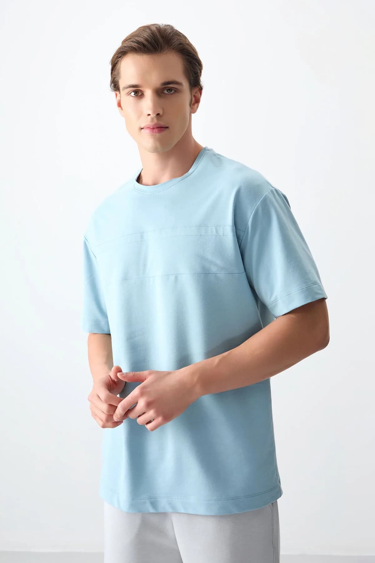 Açık Mavi Pamuklu Kalın Yumuşak Dokulu Oversize Fit Basic Erkek T-Shirt - 88378 - Açık mavi