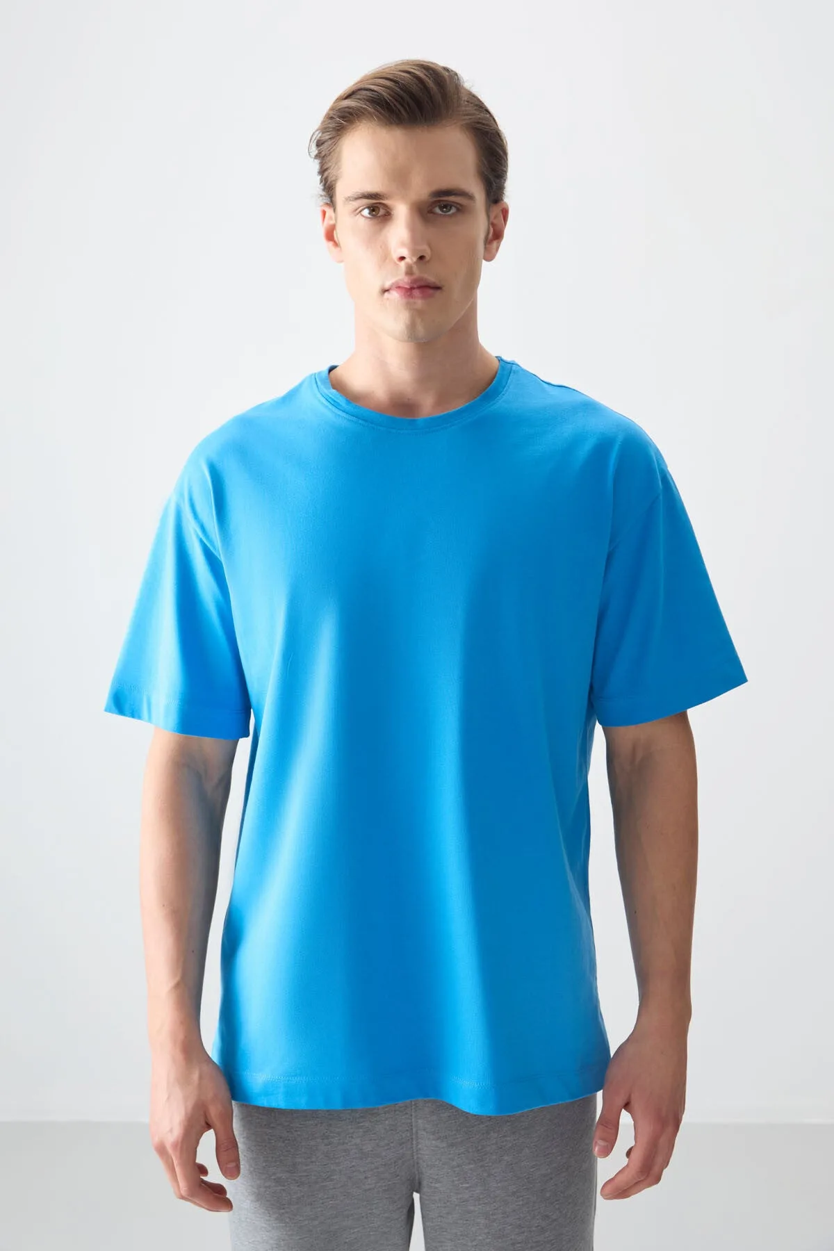 Petrol Mavi %100 Pamuk Kalın Yumuşak Dokulu Oversize Fit Basic Erkek T-Shirt - 88353 - Petrol mavi