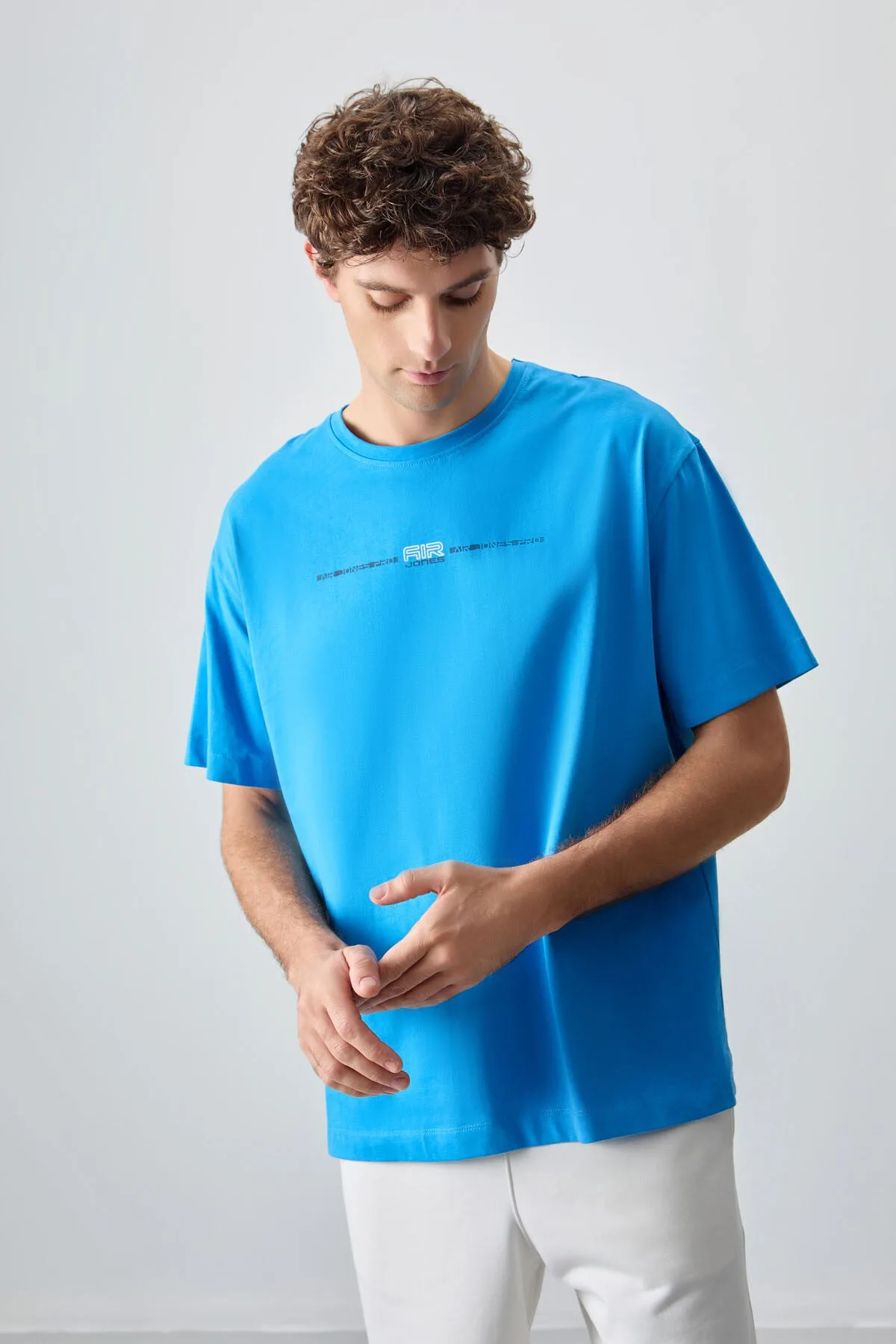 Petrol Mavi %100 Pamuk Kalın Yumuşak Dokulu Oversize Fit Baskılı Erkek T-Shirt - 88357 - Petrol mavi