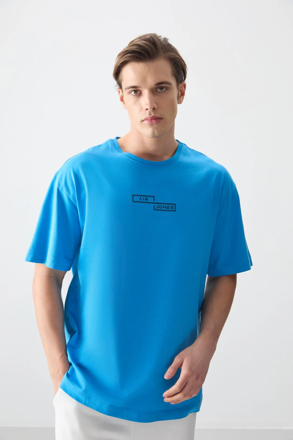 Petrol Mavi %100 Pamuk Kalın Yumuşak Dokulu Oversize Fit Baskılı Erkek T-Shirt - 88361 - Petrol mavi