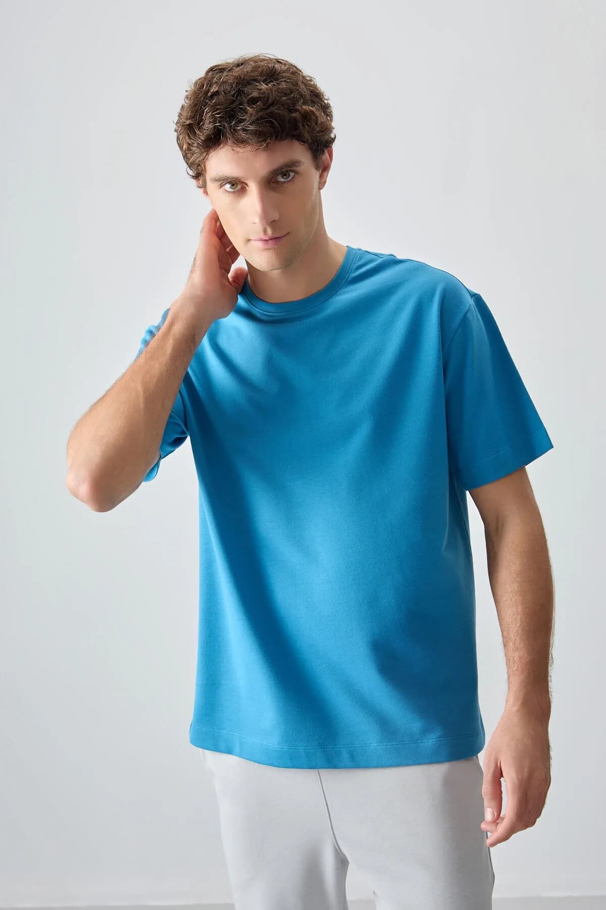Petrol Mavi Pamuklu Kalın Yumuşak Dokulu Oversize Fit Basic Erkek T-Shirt - 88377 - Petrol mavi