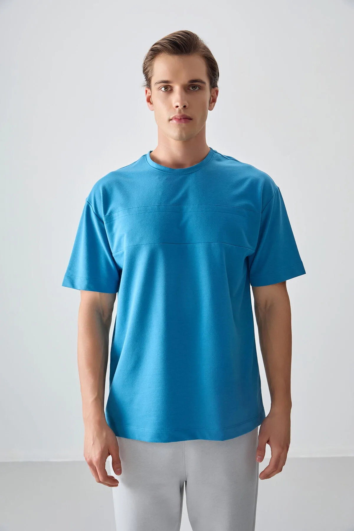 Petrol Mavi Pamuklu Kalın Yumuşak Dokulu Oversize Fit Basic Erkek T-Shirt - 88378 - Petrol mavi