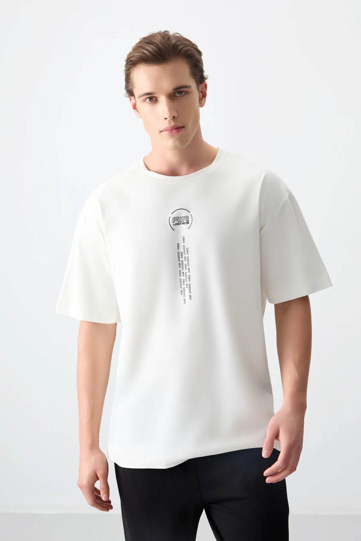 Ekru %100 Pamuk Kalın Yumuşak Dokulu Oversize Fit Baskılı Erkek T-Shirt - 88355 - Ekru