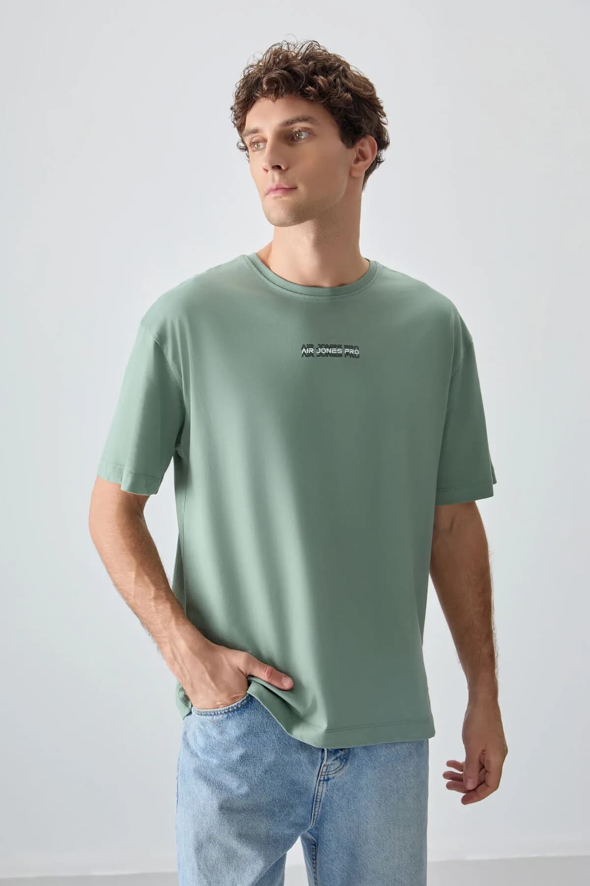 Açık Yeşil %100 Pamuk Kalın Yumuşak Dokulu Oversize Fit Baskılı Erkek T-Shirt - 88354 - Kaktüs