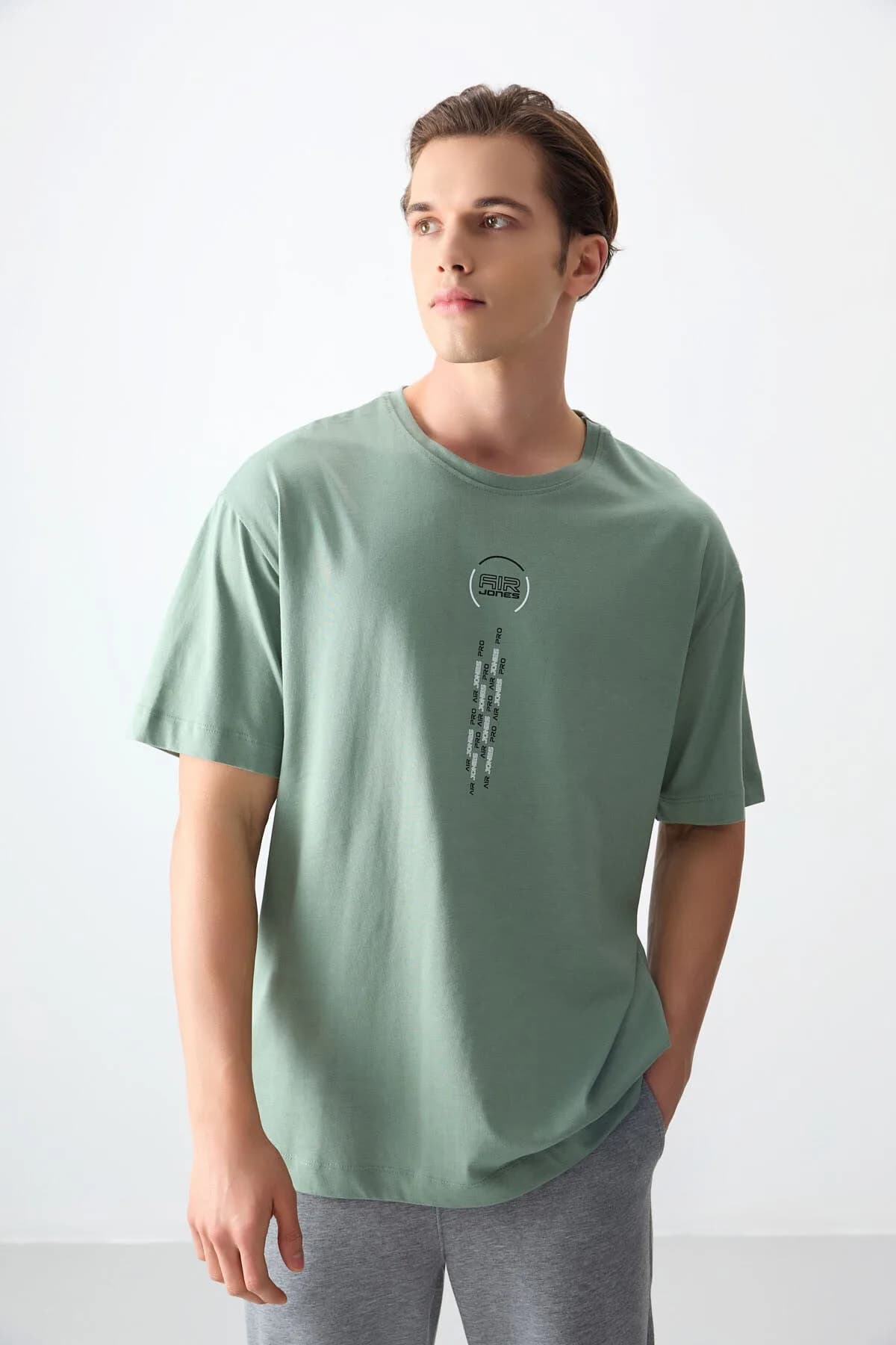 Açık Yeşil %100 Pamuk Kalın Yumuşak Dokulu Oversize Fit Baskılı Erkek T-Shirt - 88355 - Kaktüs