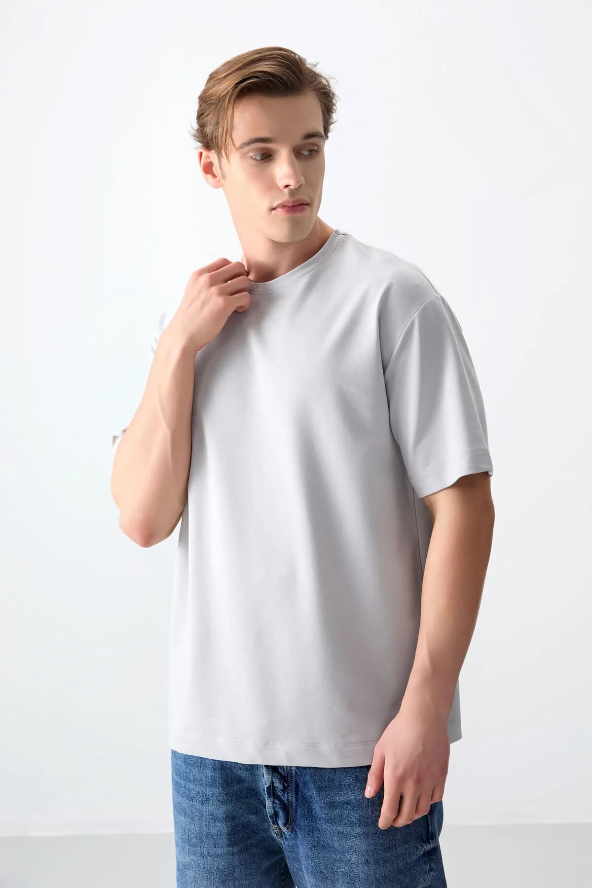 Taş Pamuklu Kalın Yumuşak Dokulu Oversize Fit Basic Erkek T-Shirt - 88377 - Taş
