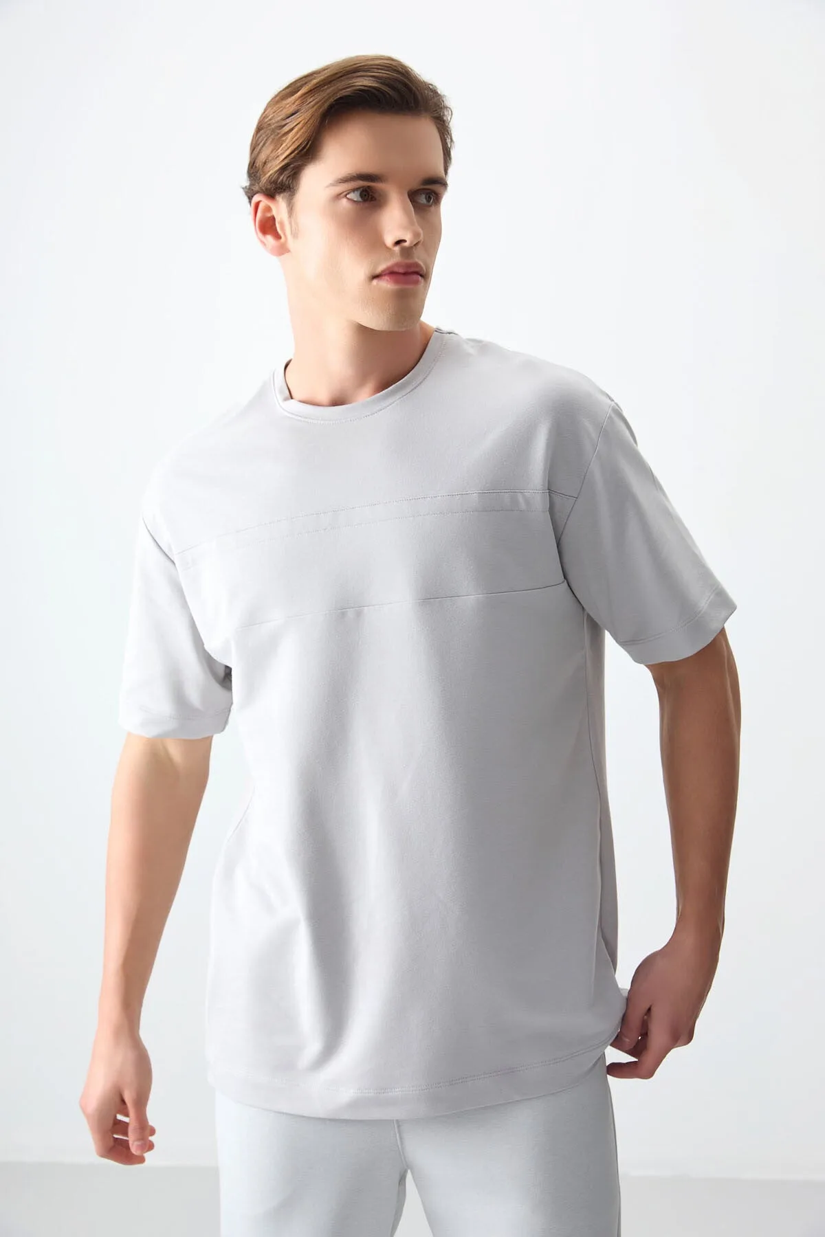 Taş Pamuklu Kalın Yumuşak Dokulu Oversize Fit Basic Erkek T-Shirt - 88378 - Taş